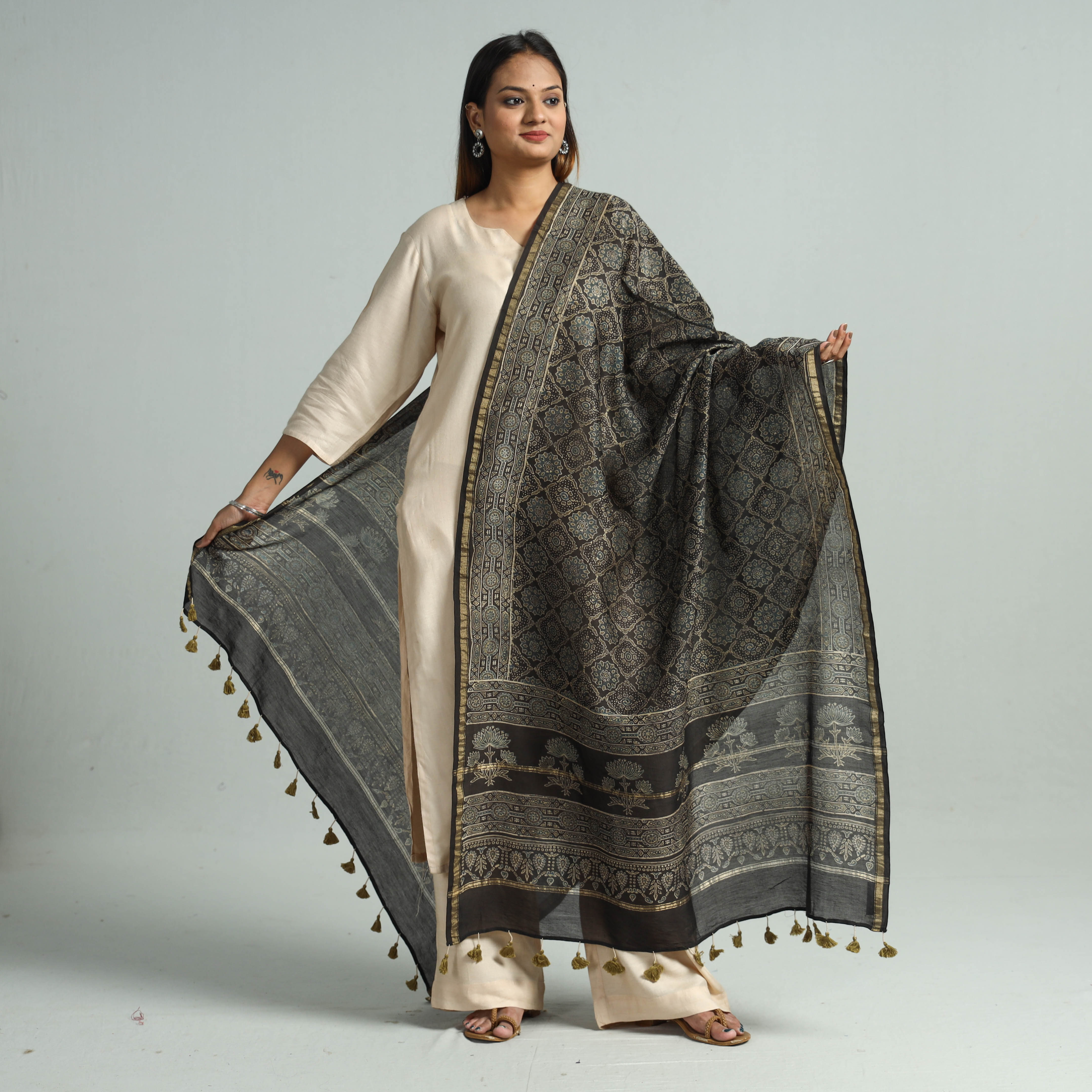 KACHCHH JI CHHAAP Brown - Hand Block Print Chanderi Silk Ajrakh Dupatta 62