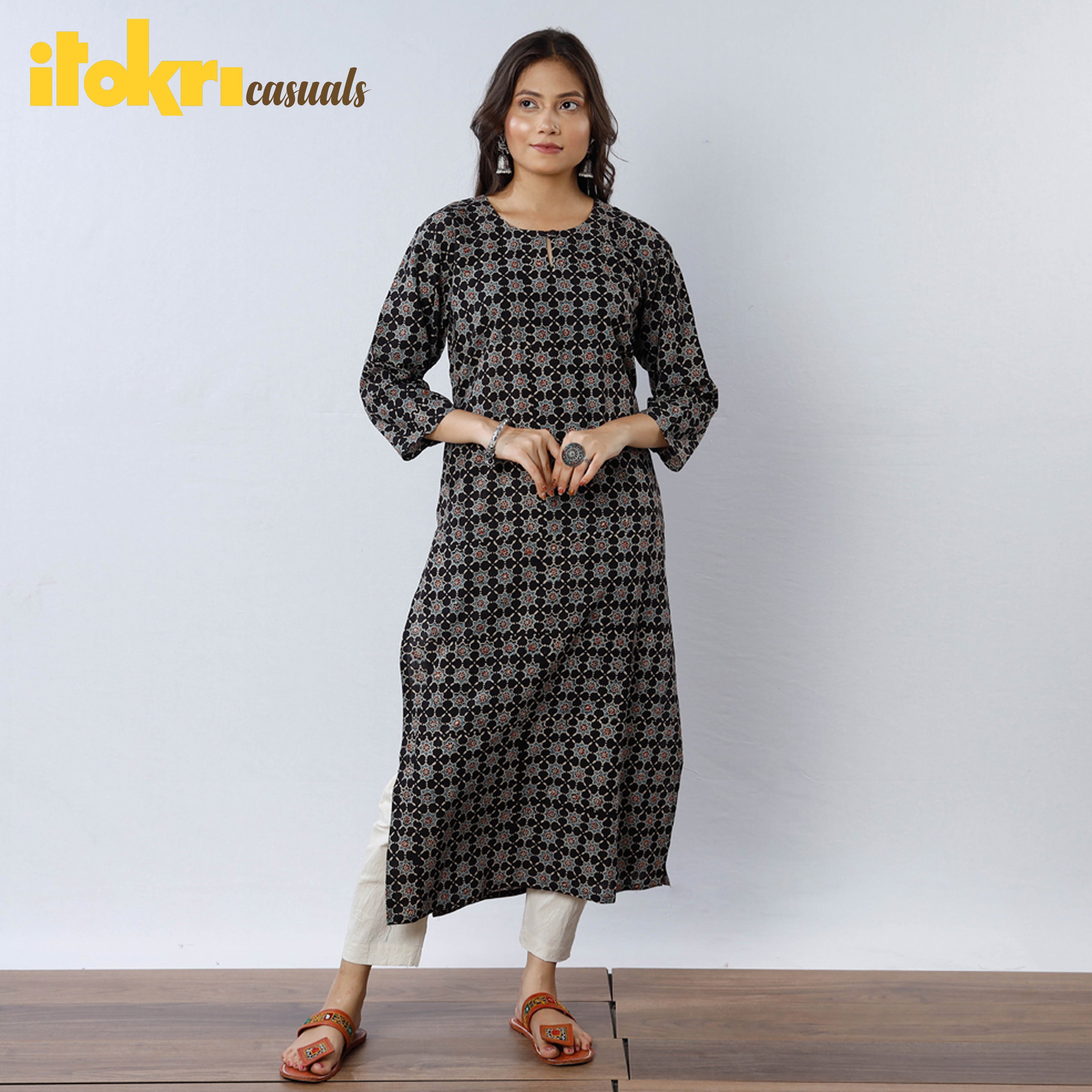 ITOKRI CASUALS Black - Geometric Flowers Ajrakh Block Printing Cotton Long Straight Kurta - view 2