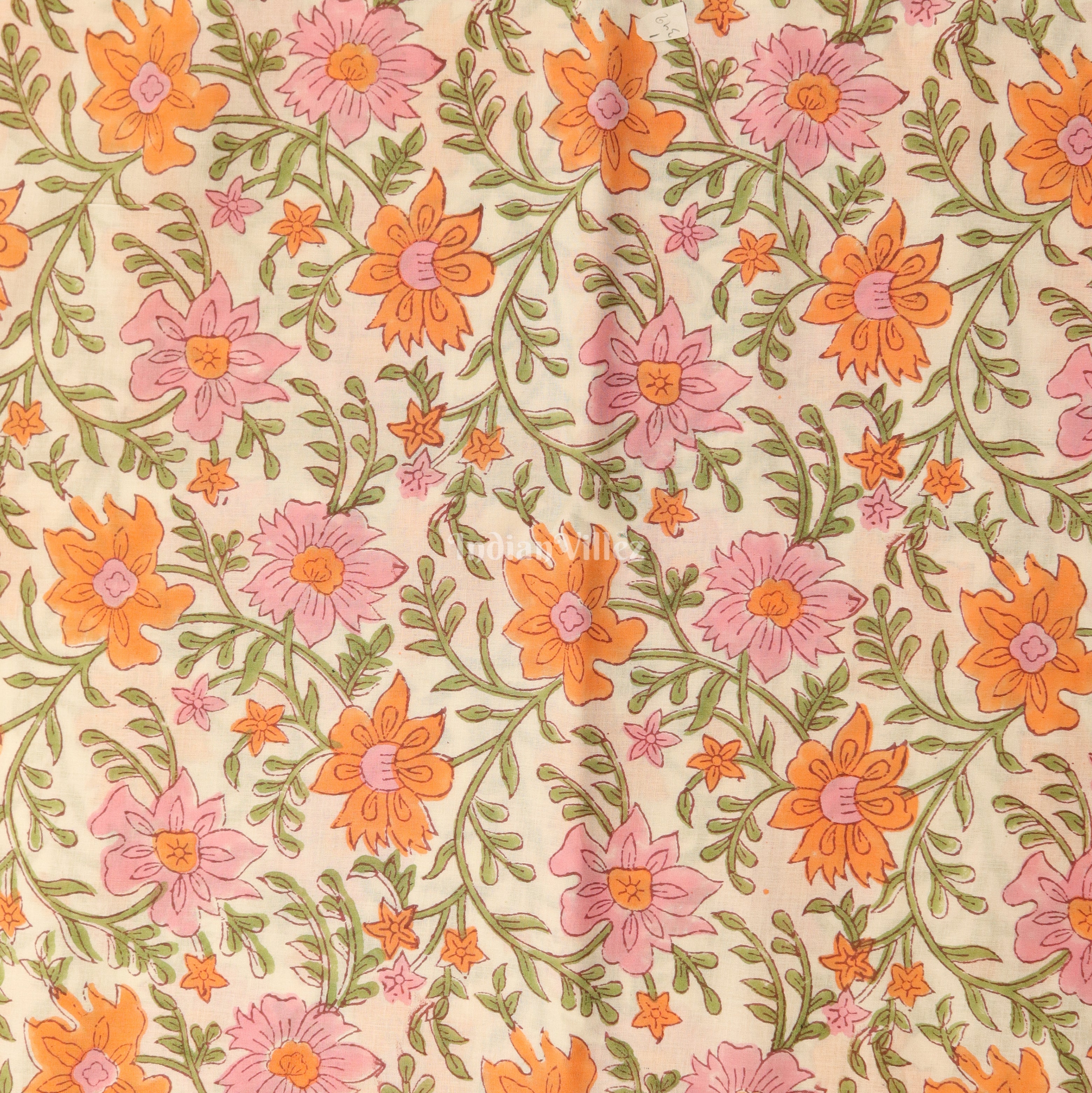 IndianVillèz Pink White Flower Motif Hand Block Printed Cotton Fabric - view 2