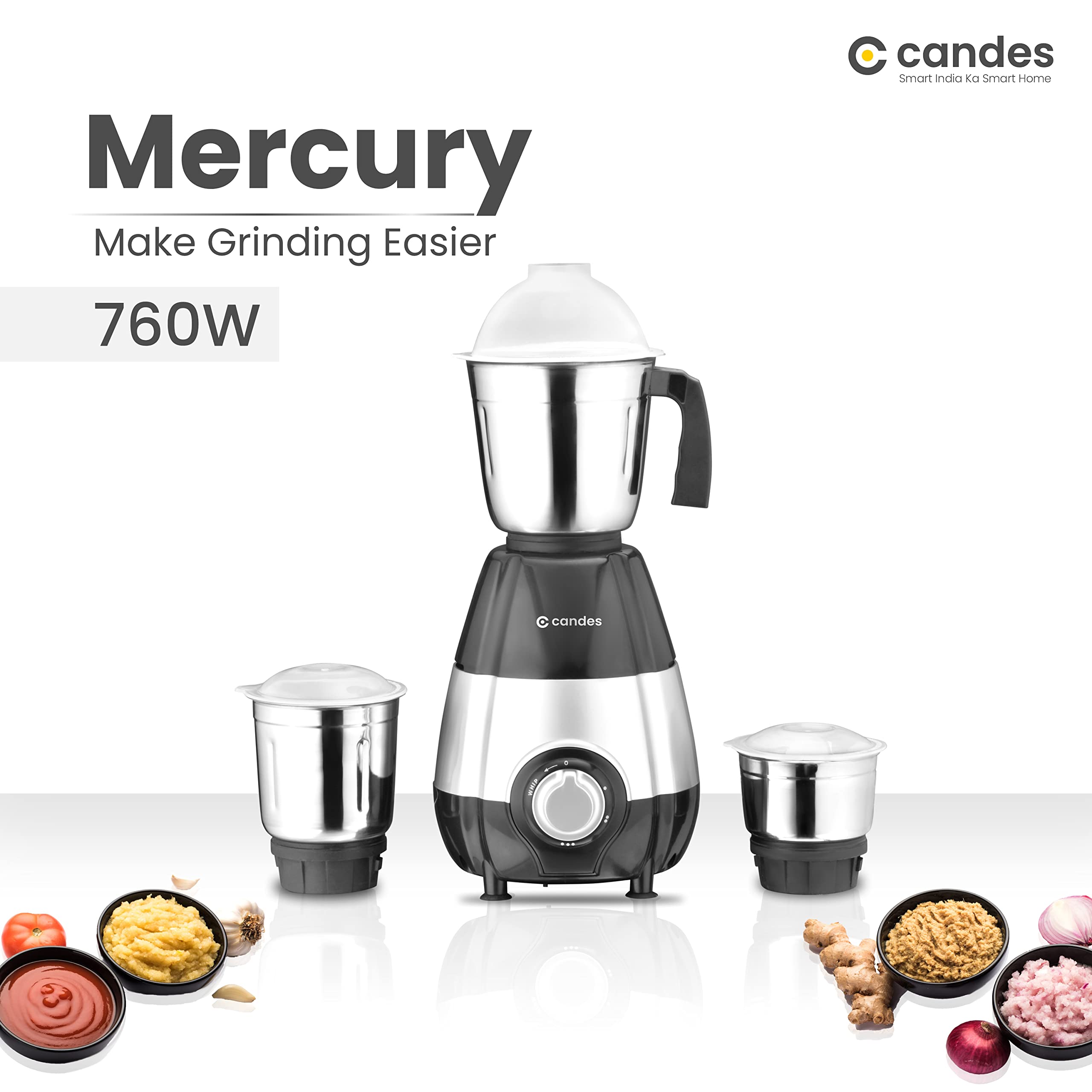 Candes Mercury 760-Watts Mixer Grinder with 3 Stainless Steel Jars (Powerful Motor with 2 Year Warranty Black Silver) - view 2