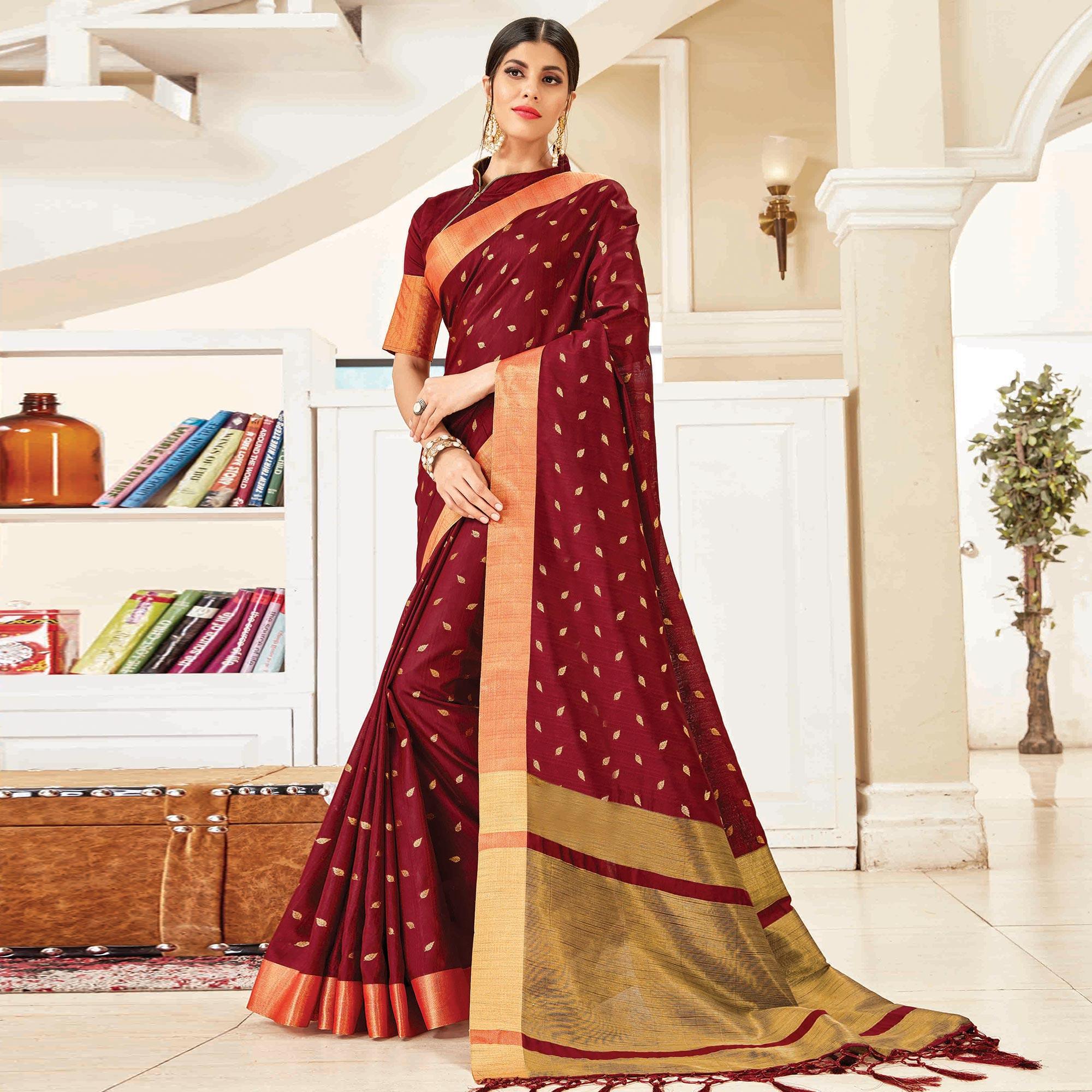 Peachmode Charming Wine Colored Festive Wear Woven Handloom Silk Saree With Tassels