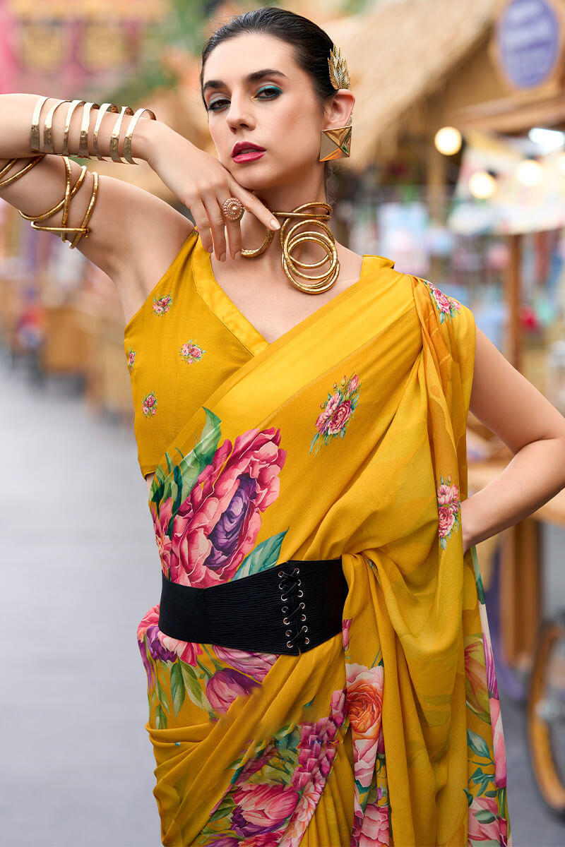 Rajpath Opulent Yellow Digital Printed Georgette Saree With Pulsating Blouse Piece - view 2