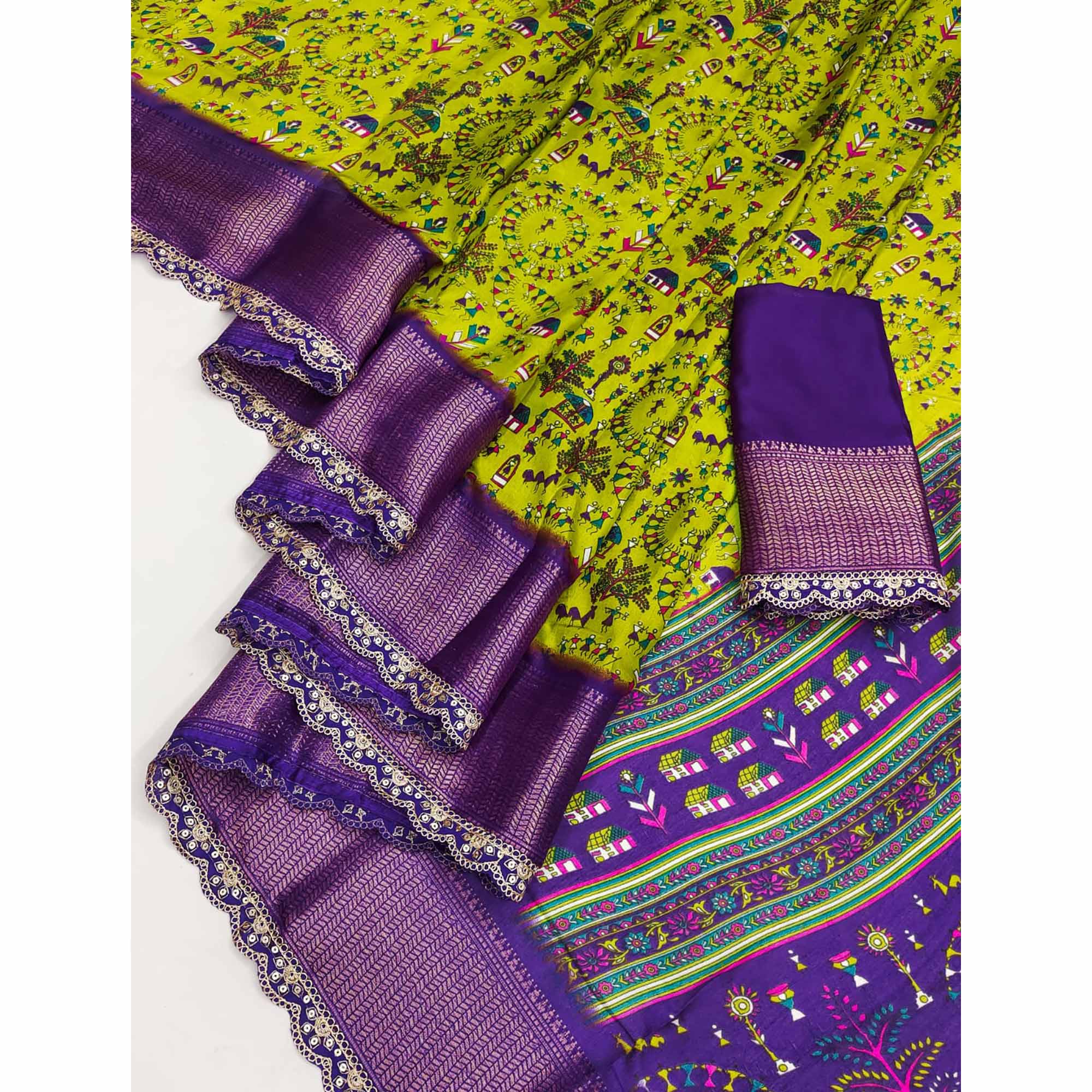 BlackTree green-warli-printed-dola-silk-saree-with-zari-border-1 - view 4