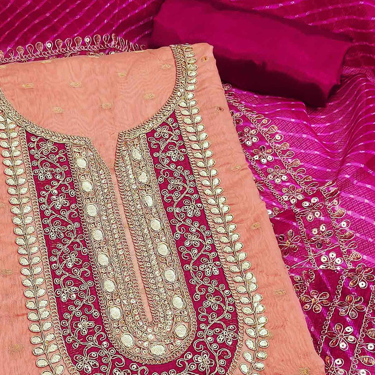 Peachmode Peach Woven With Sequins Embroidered Modal Chanderi Silk Dress Material - view 2