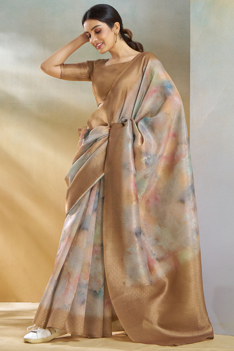 Rajpath Redolent Brown Digital Printed Soft Silk Saree With Inimitable Blouse Piece