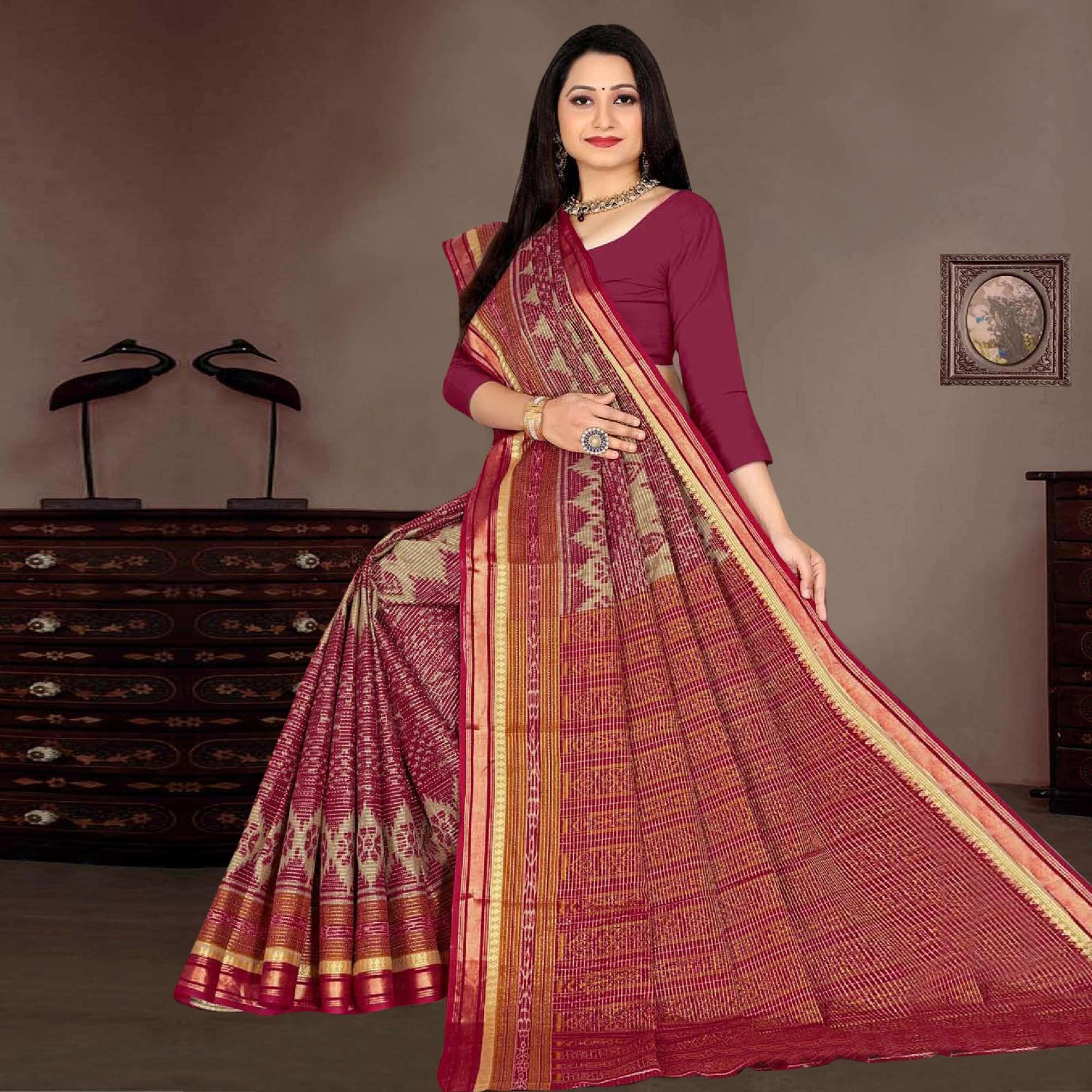 Peachmode Maroon Casual Wear Ikkat Printed Cotton Silk Saree
