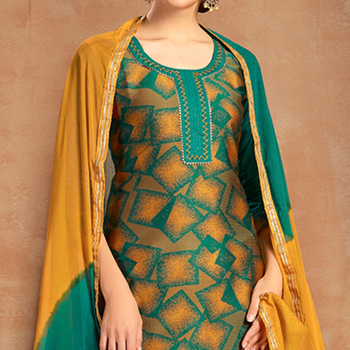 Peachmode Flaunt Green Colored Partywear Embroidered Pure Cotton Dress Material - view 2