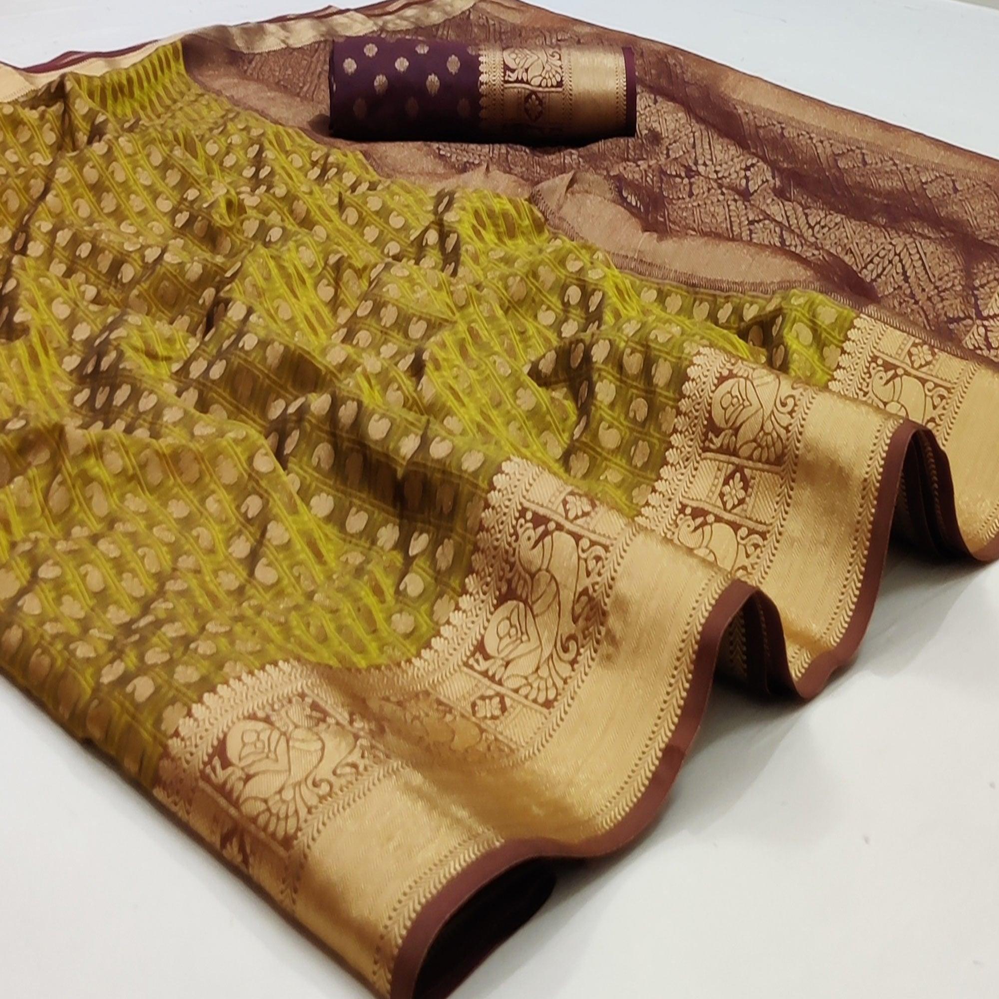 Peachmode Lemon Green Festive Wear Woven Silk Saree With Jacquard Border