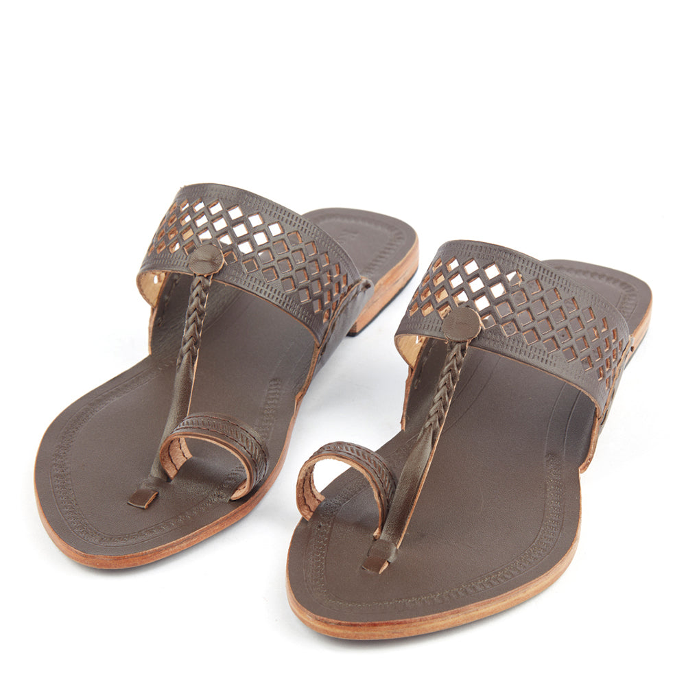 KORAKARI Brown Handstitched Leather Kolhapuri Women Slipper