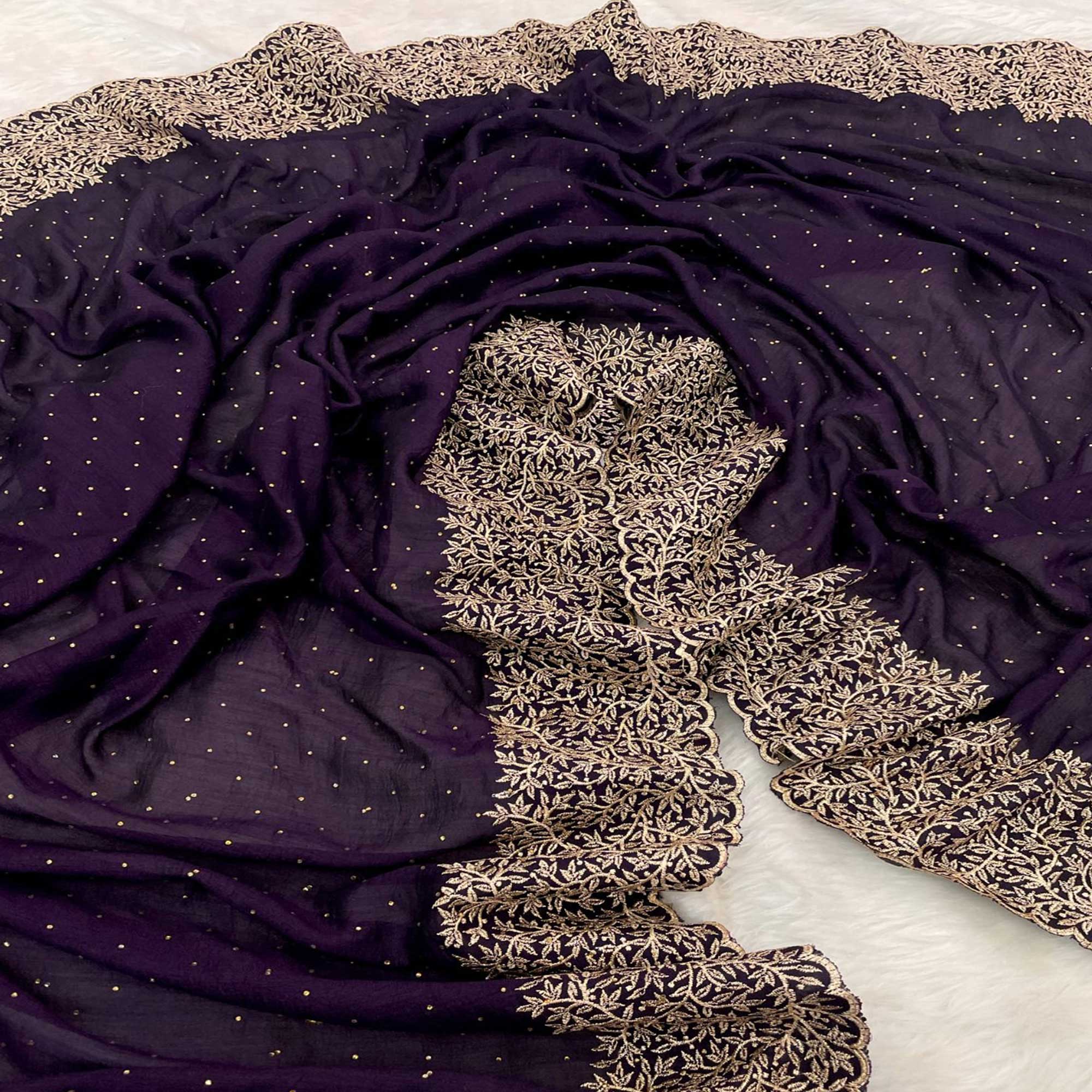 Peachmode Dark Purple Zari Embroidered With Stonework Vichitra Silk Saree