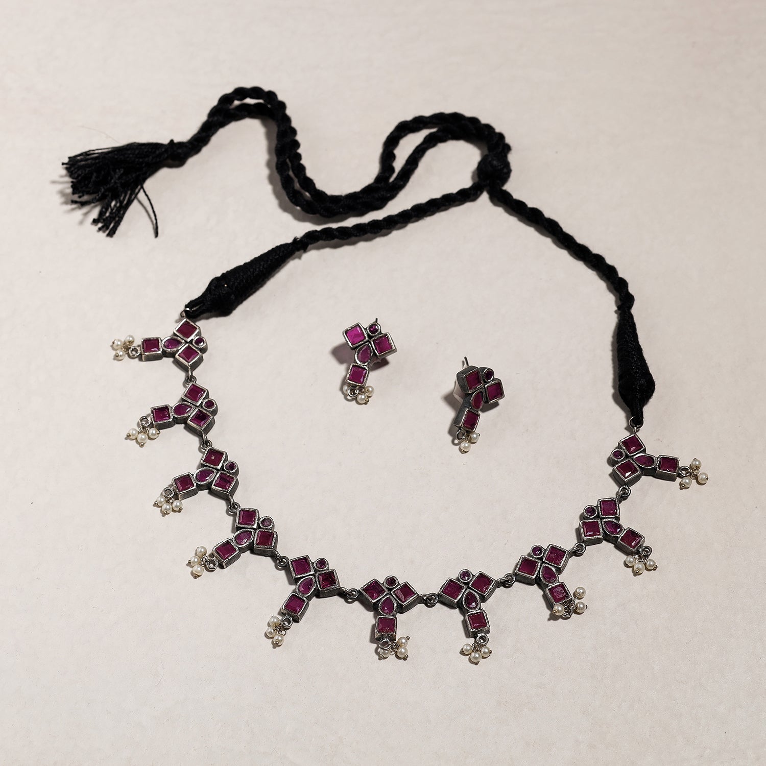 WHITE RIVER STORIES Antique Silver Finish Oxidised Brass Base Stone & Bead Work Necklace Set - view 2