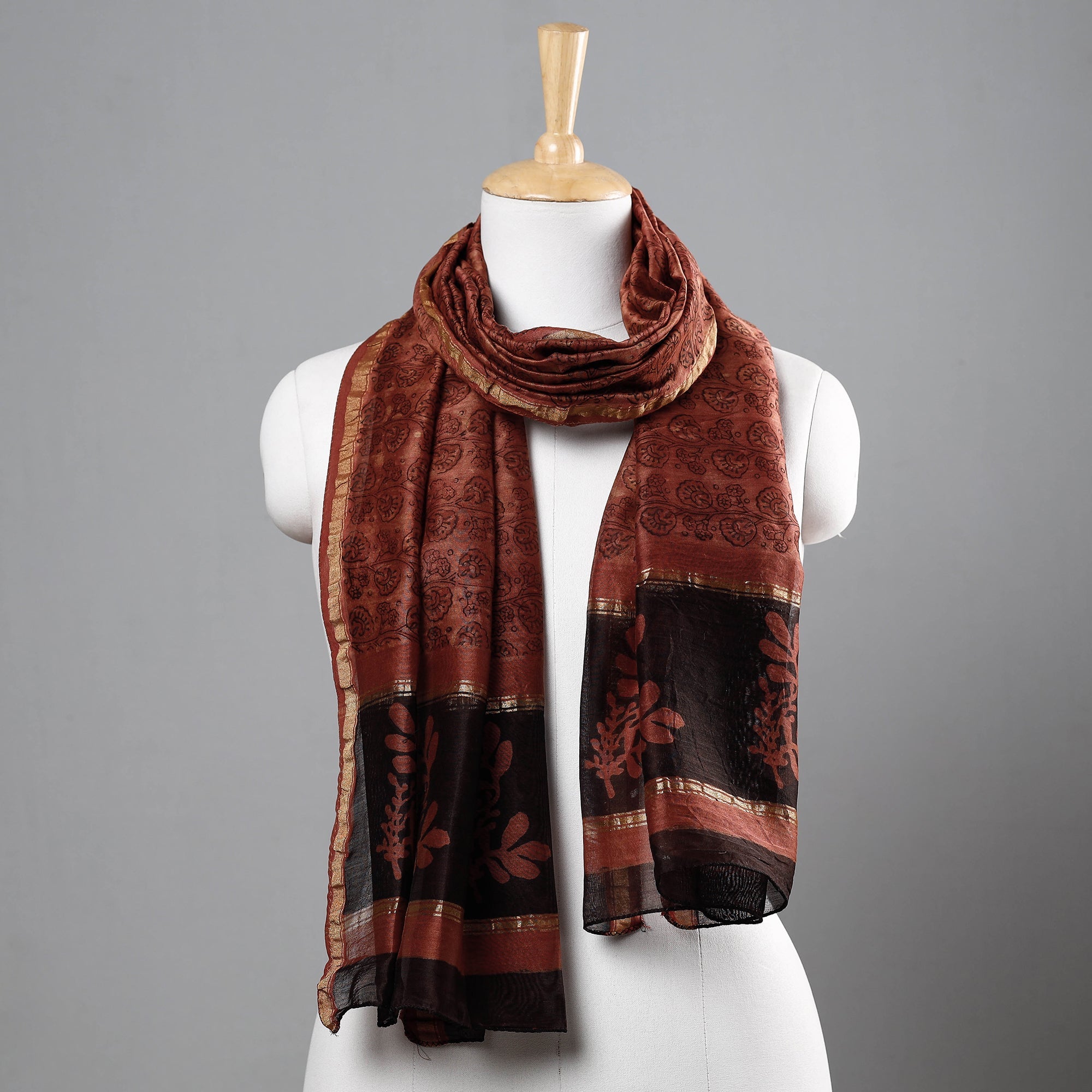 BAGRU DABU PRINTS Brown - Bagru Block Printed Chanderi Silk Handloom Stole with Zari Border