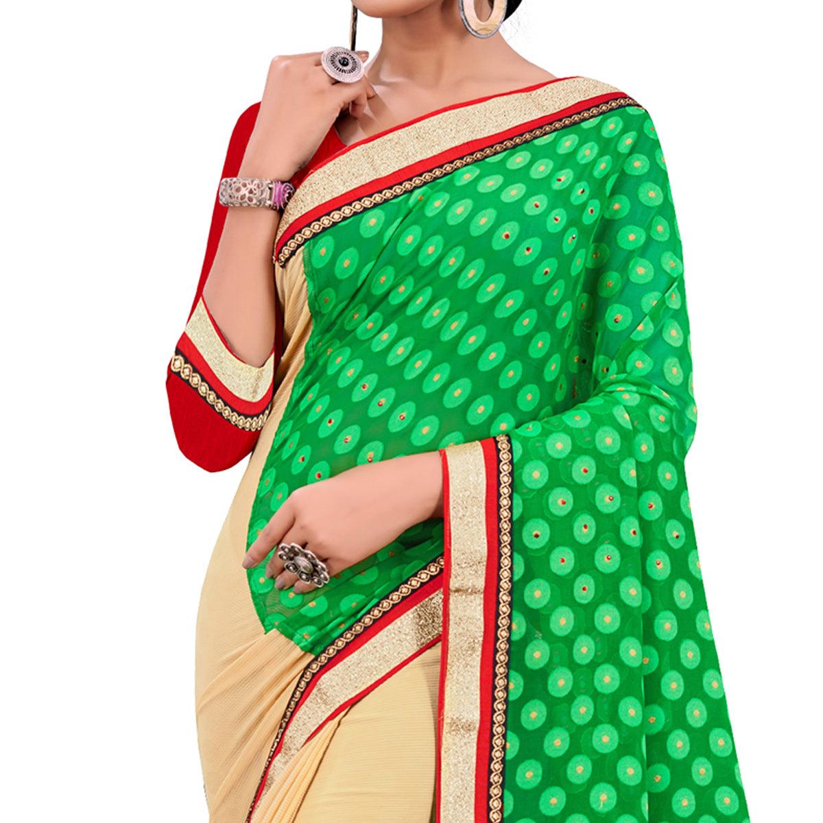 Peachmode Glorious Green Beige Colored Party Wear Georgette Half-Half Saree - view 2