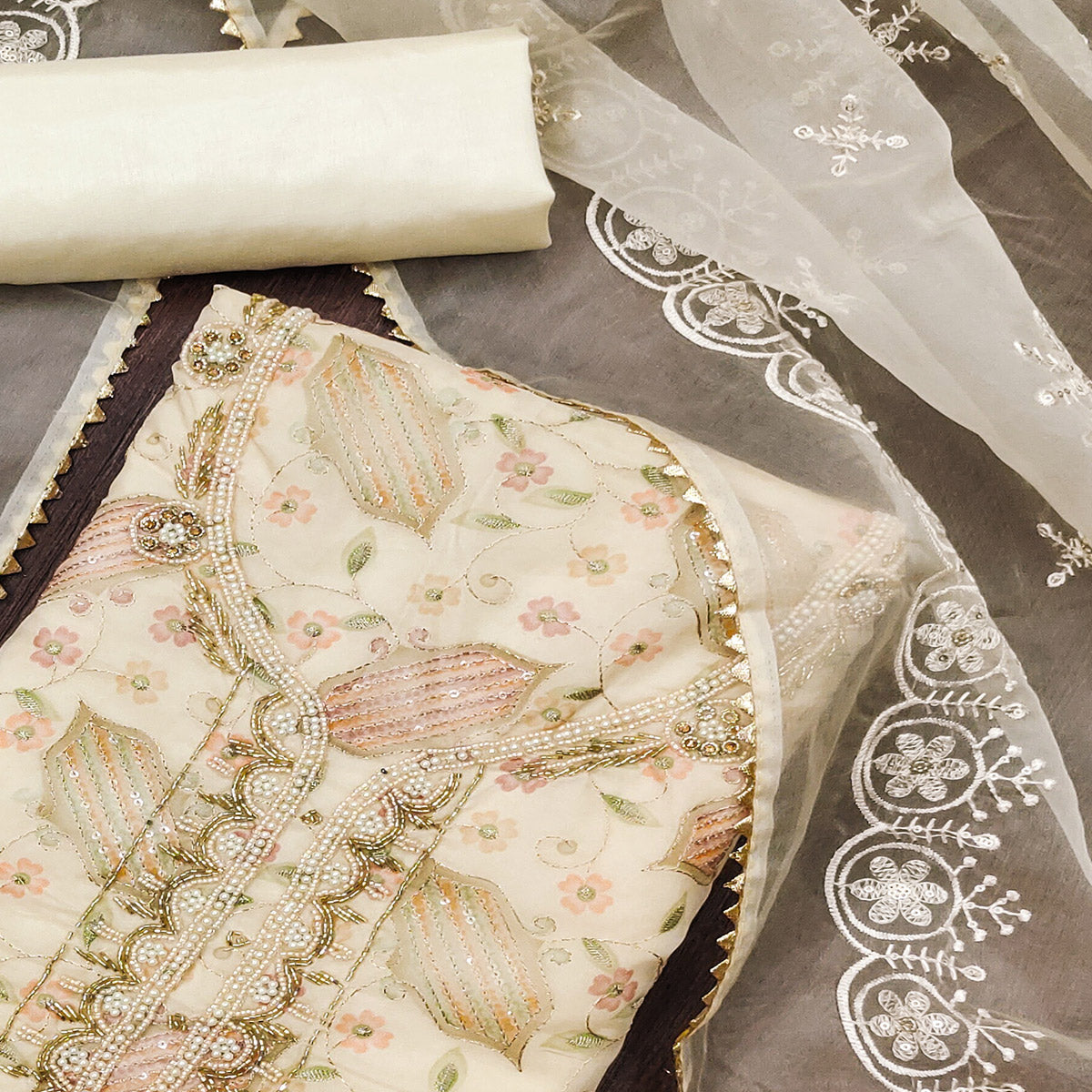 Peachmode Cream Floral Embroidered With Handwork Organza Dress Material - view 2