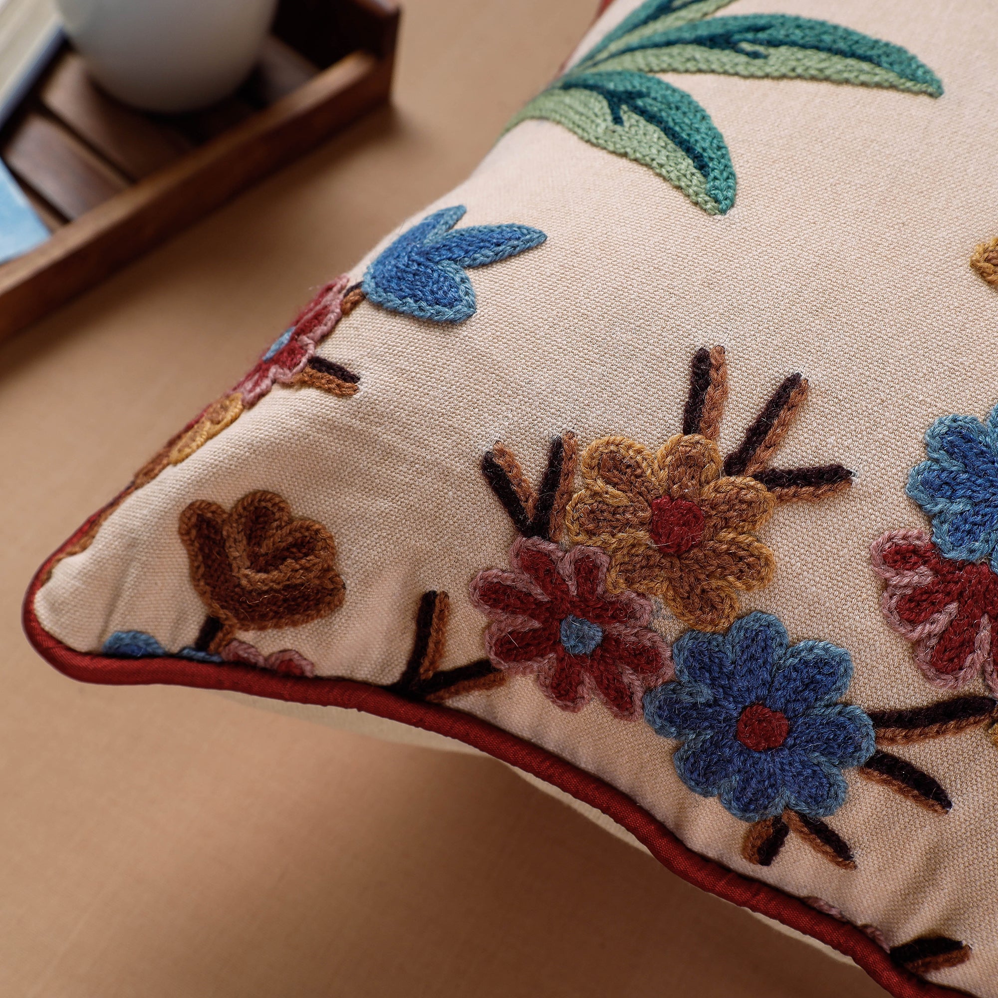 ITOKRI CRAFTS INITIATIVE Beige - Aari Hand Embroidery Cotton Duck Cushion Cover (16 x 16 in) - view 2