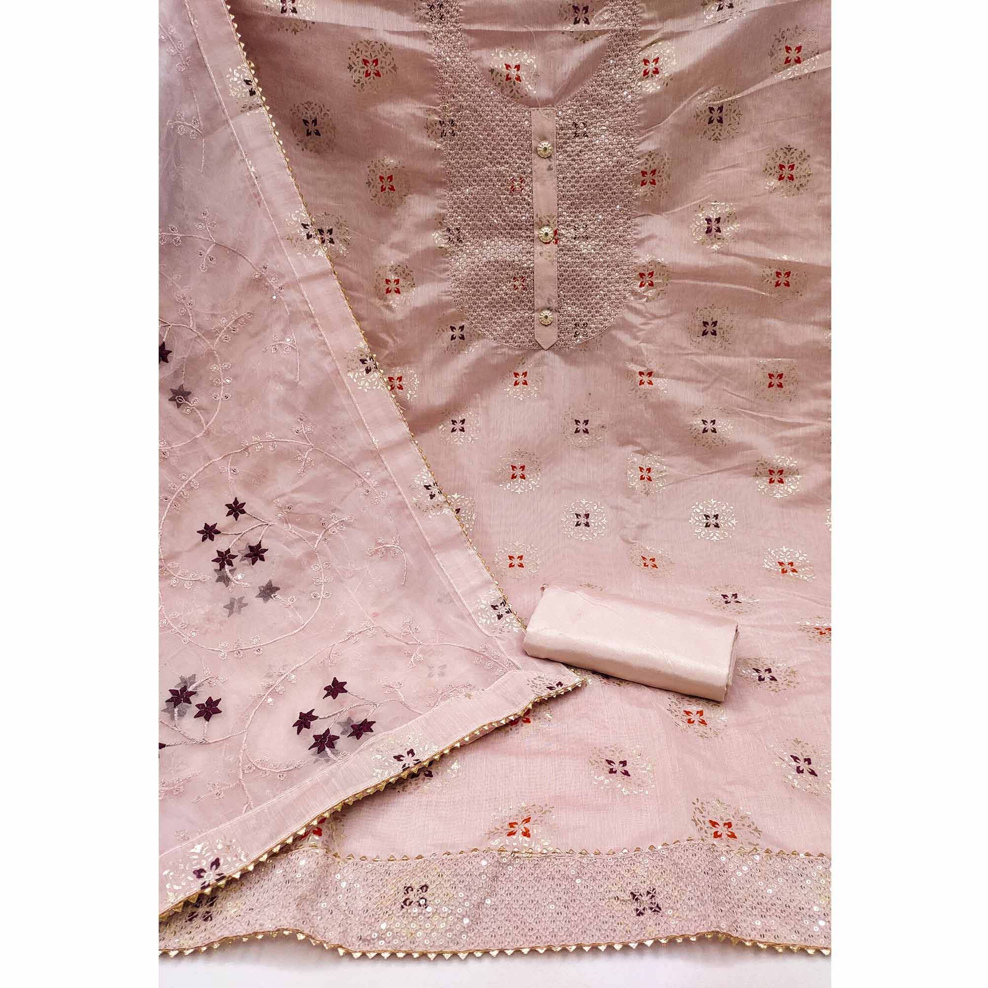 Peachmode Mauve Floral Foil Printed Chanderi Dress Material - view 3