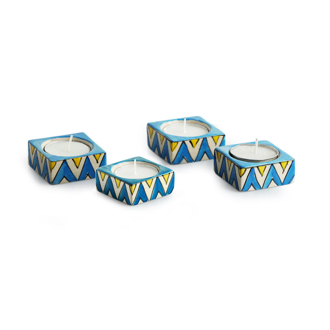EXCLUSIVELANE 'Mughal Zig-Zag Jugnu' Handpainted Tea Light Holder (Set of 4, Ceramic) - view 2