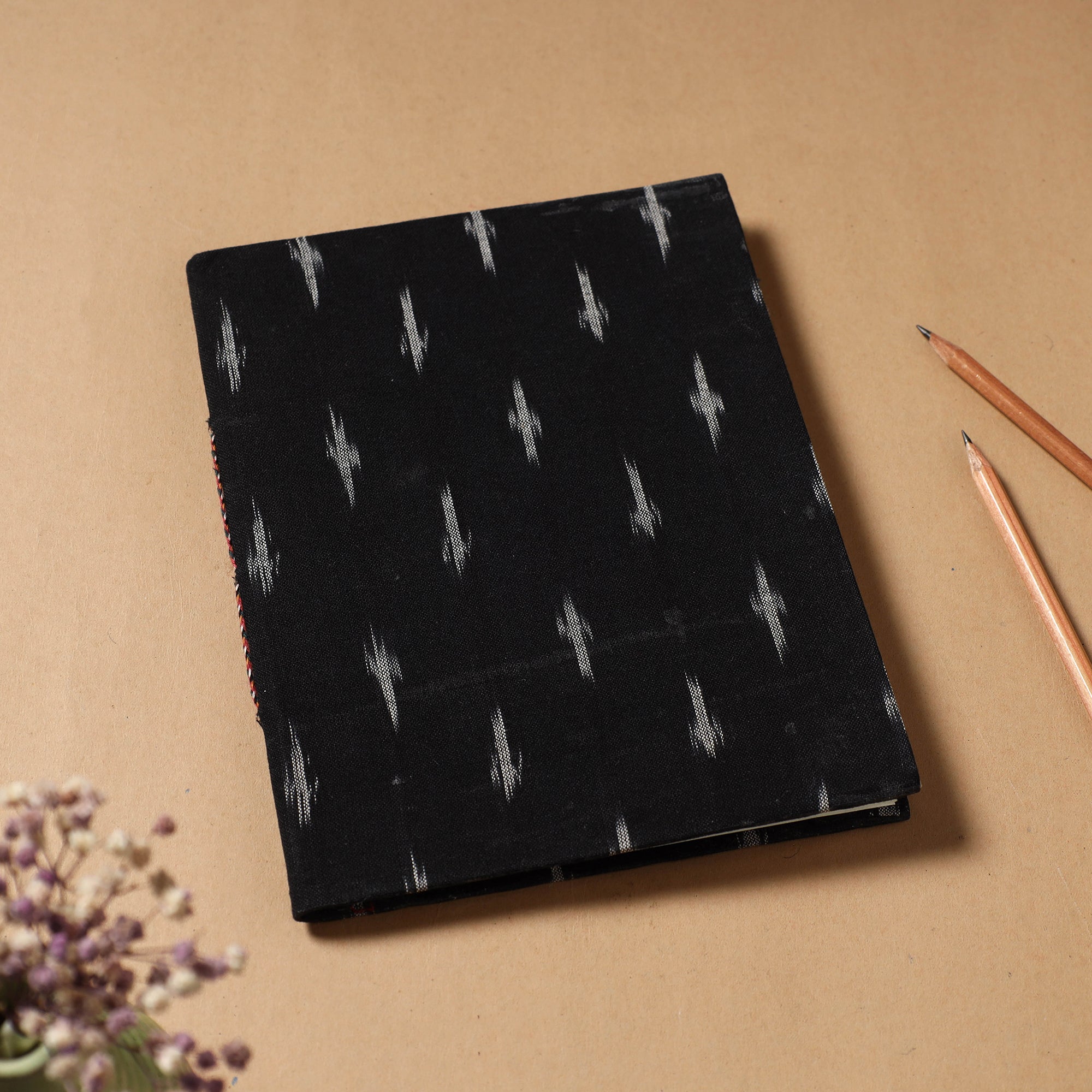 CHUTNEY CRAFT STUDIO Black - Ikat Fabric Cover Handmade Paper Notebook (9 x 7 in)