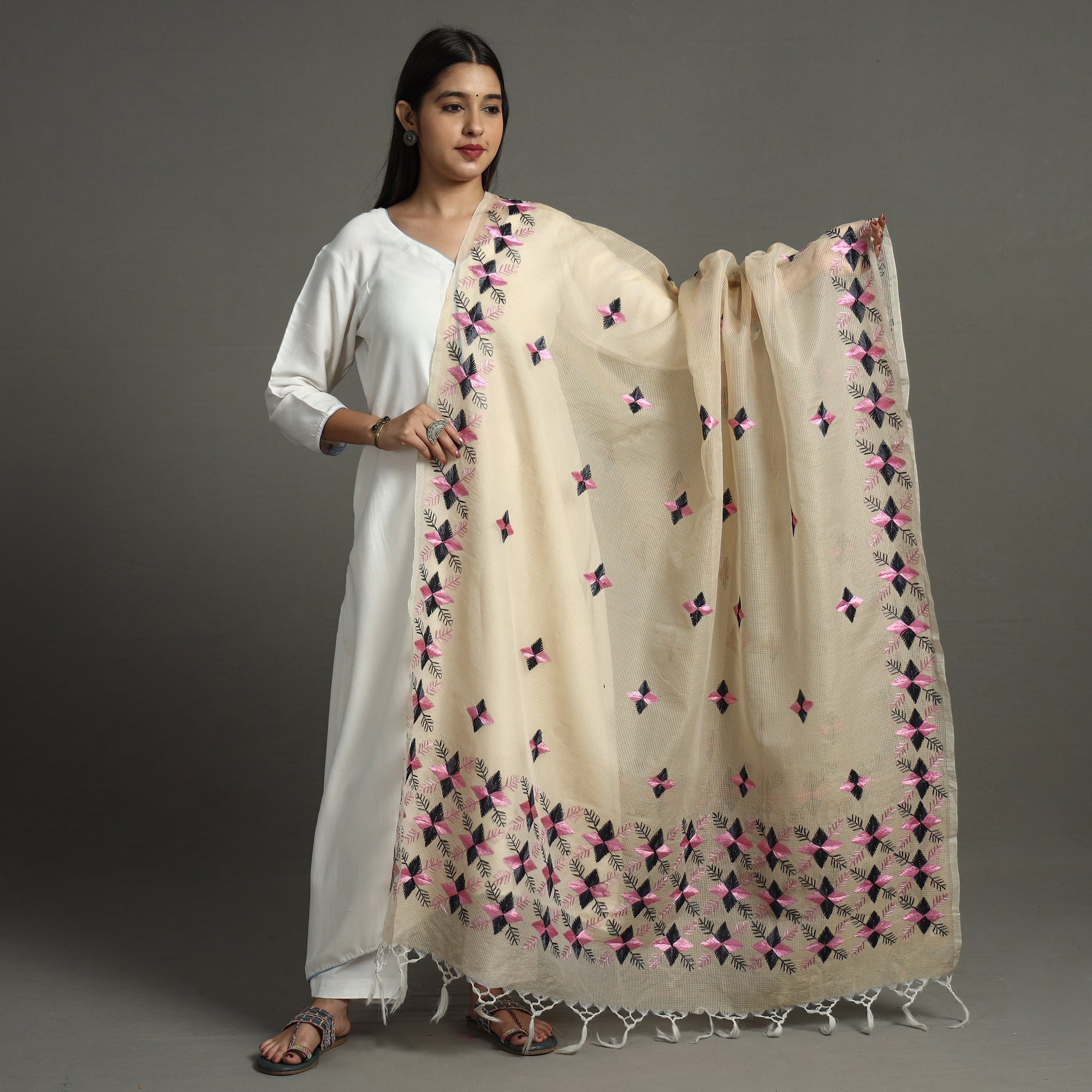ITOKRI CRAFTS INITIATIVE Beige - Phulkari Hand Embroidery Kota Doria Chanderi Silk Dupatta with Tassels 23