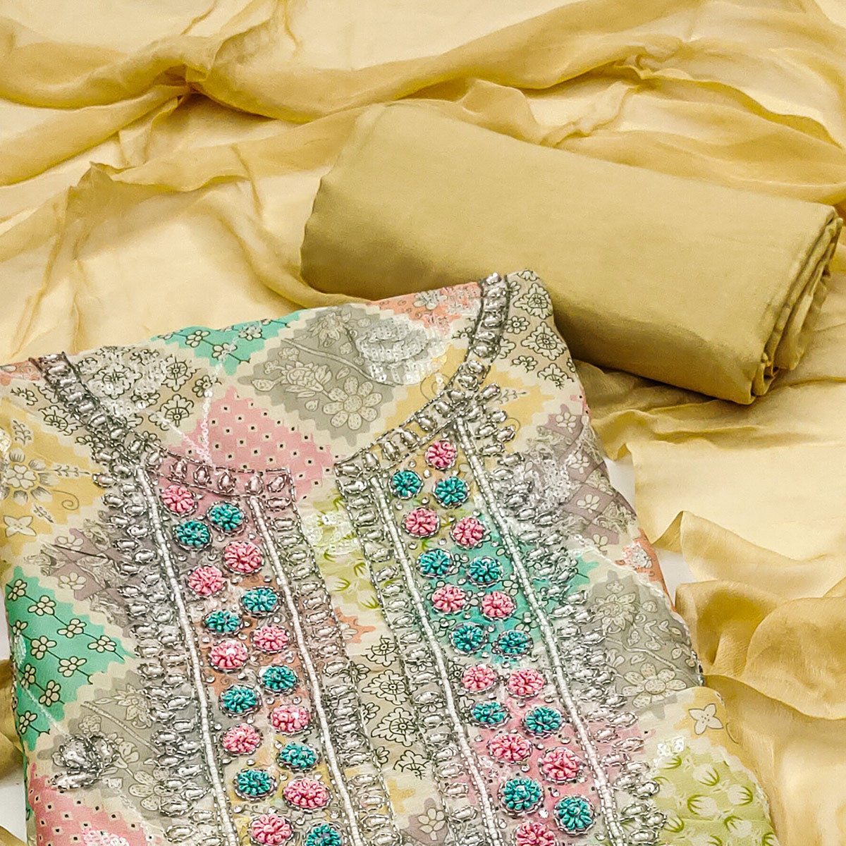 Peachmode Yellow Sequins With Hand Embroidered Muslin Dress Material - view 2