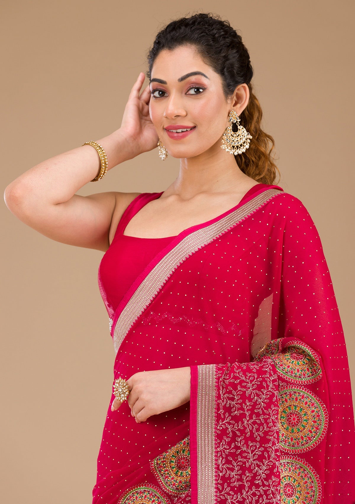 Koskii Rani Pink Threadwork Georgette Saree – Women's - view 6