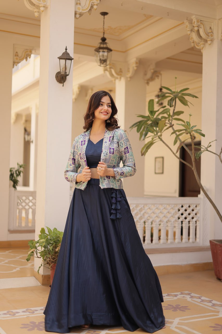 Clothsvilla Navy Blue Chinnon Lehenga Set with Sleeveless Blouse and Jacquard Koti - view 3