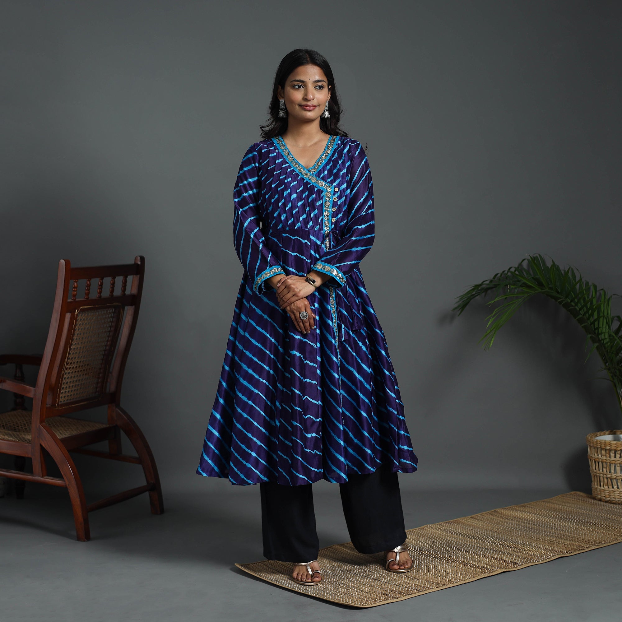 ITOKRI CASUALS Blue - Angrakha Handloom Chanderi Silk Tie-Dye Leheriya Kurta 03 - view 7