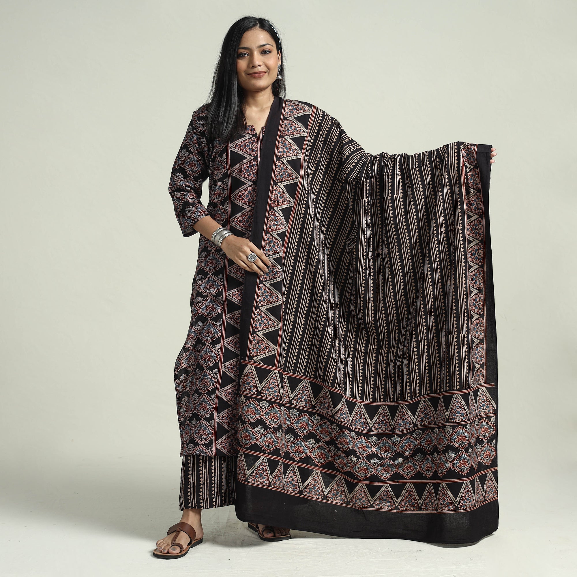 ITOKRI CASUALS Black - Ajrakh Block Printed Cotton Kurta With Palazzo & Dupatta Set - view 2