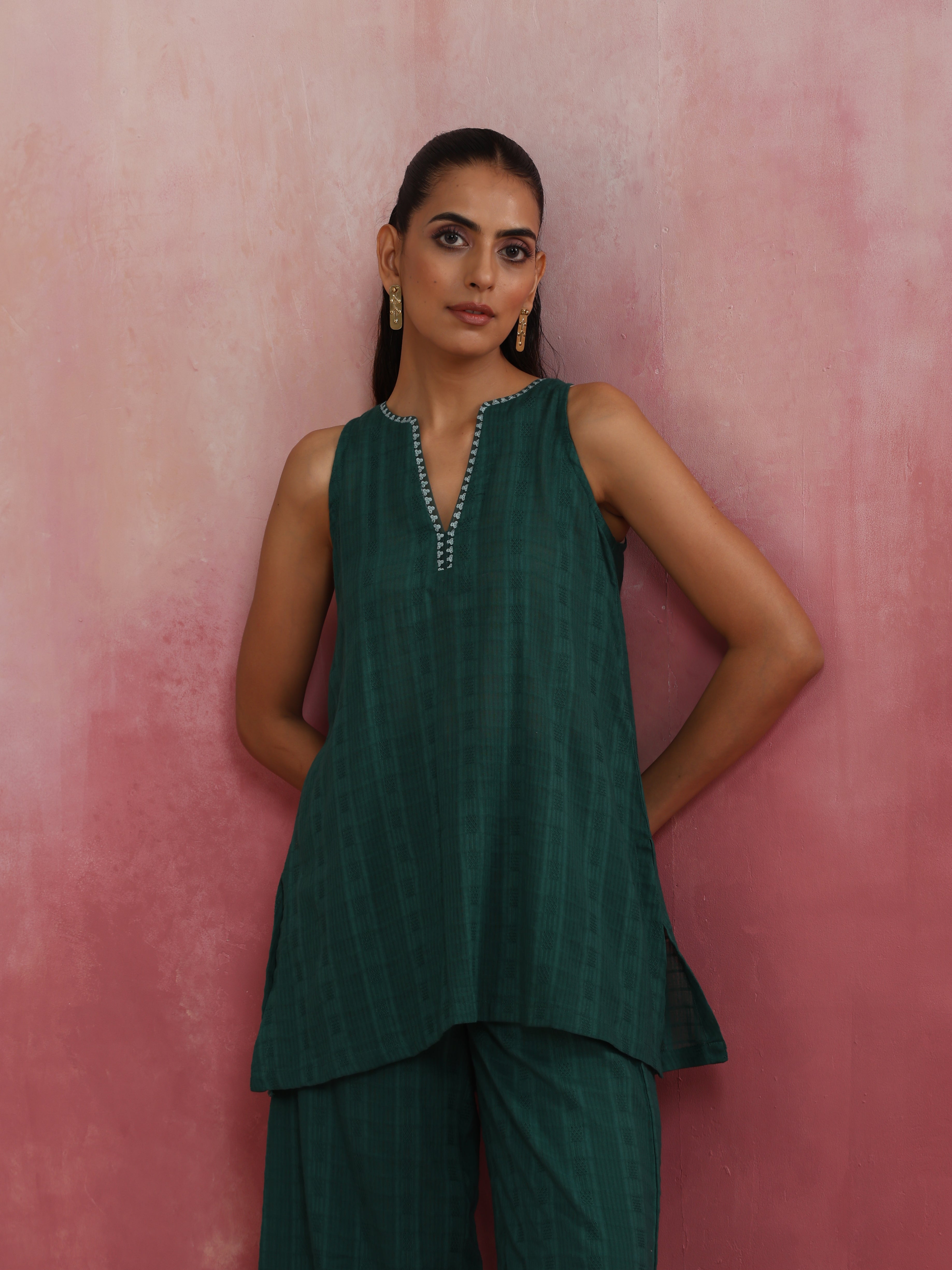 trueBrowns Dark Green Cotton Dobby Co-ord set - view 4
