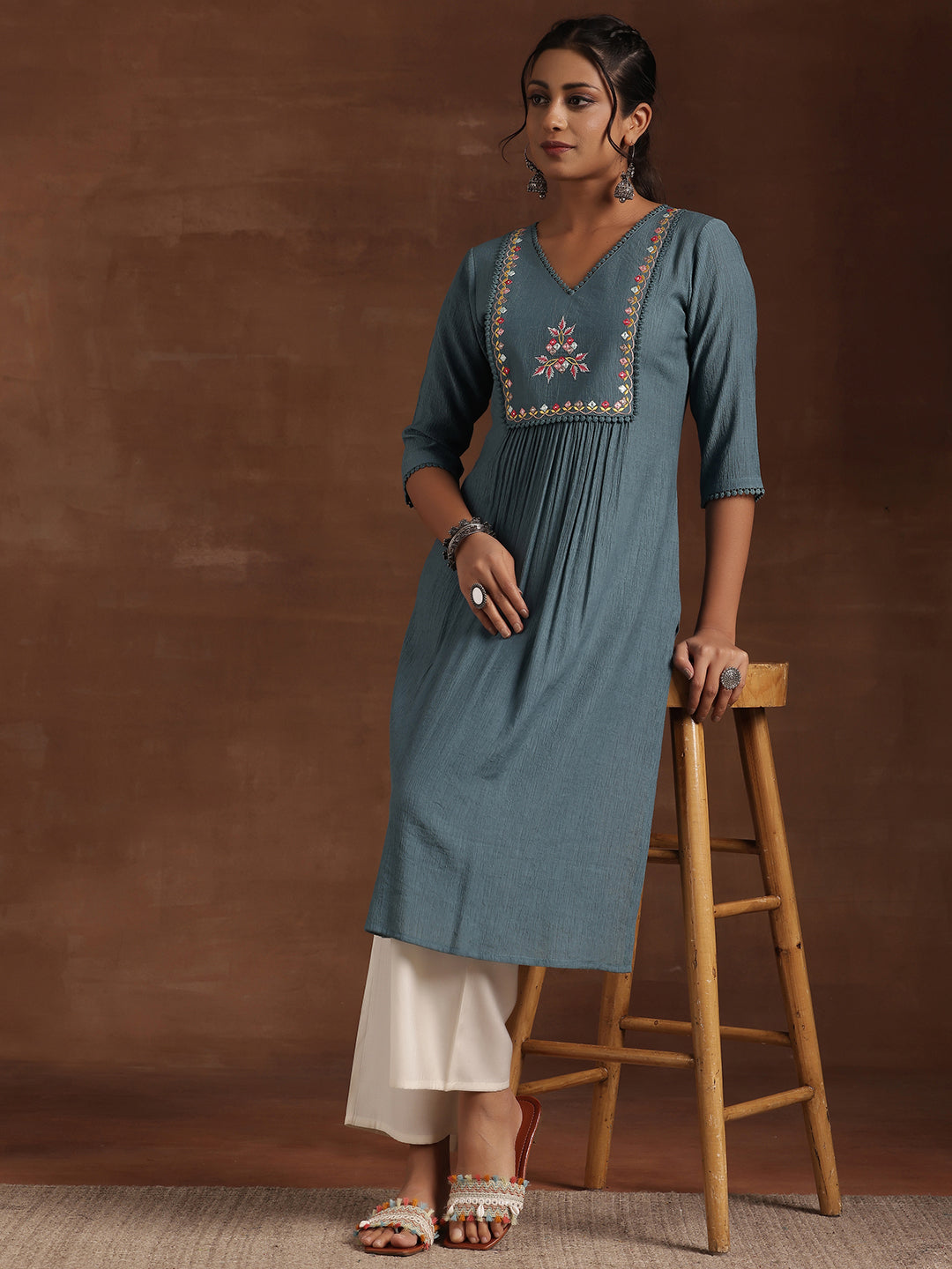 Libas Blue Yoke Design Cotton Straight Kurta