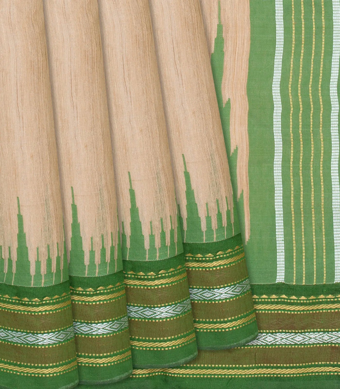 RmKV Cream Woven Dupion Silk Saree With Green Border-Cream