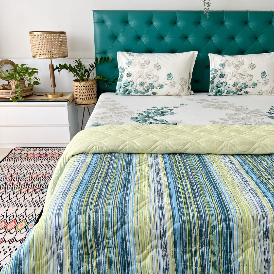 Urban Space -Home Furnishing Store Cotton Bedsheet + AC Blanket Combo Pack - (Combo 16 - Majestic Aqua Green and Grey + London)
