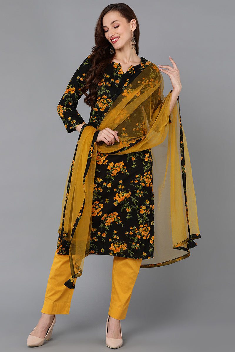 Ahika Black Rayon Blend Floral Straight Kurta Pant With Dupatta VKSKD1731 - view 2