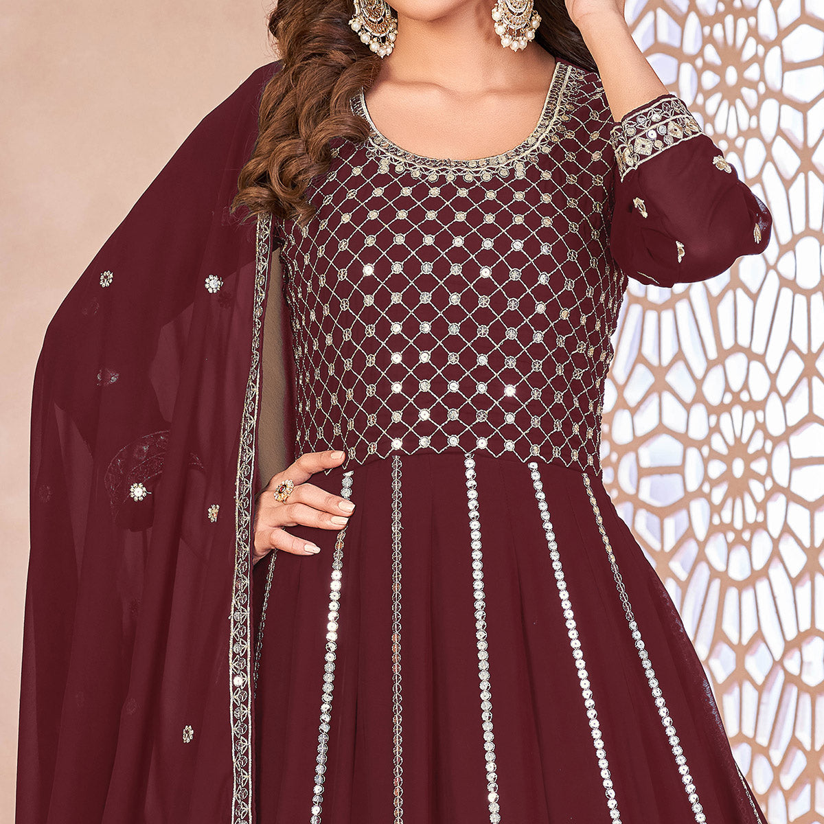Peachmode Maroon Floral Sequins Embroidered Georgette Semi Stitched Anarkali Suit - view 3