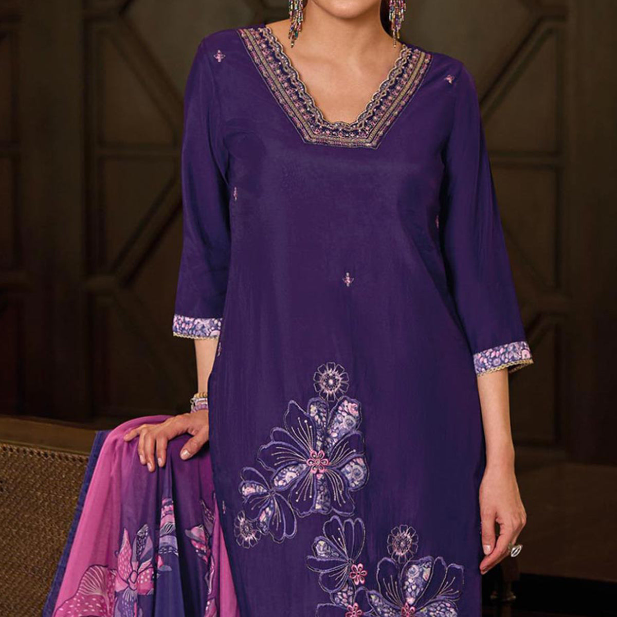 Peachmode Purple Floral Handwork Embroidered Viscose Salwar Suit - view 2