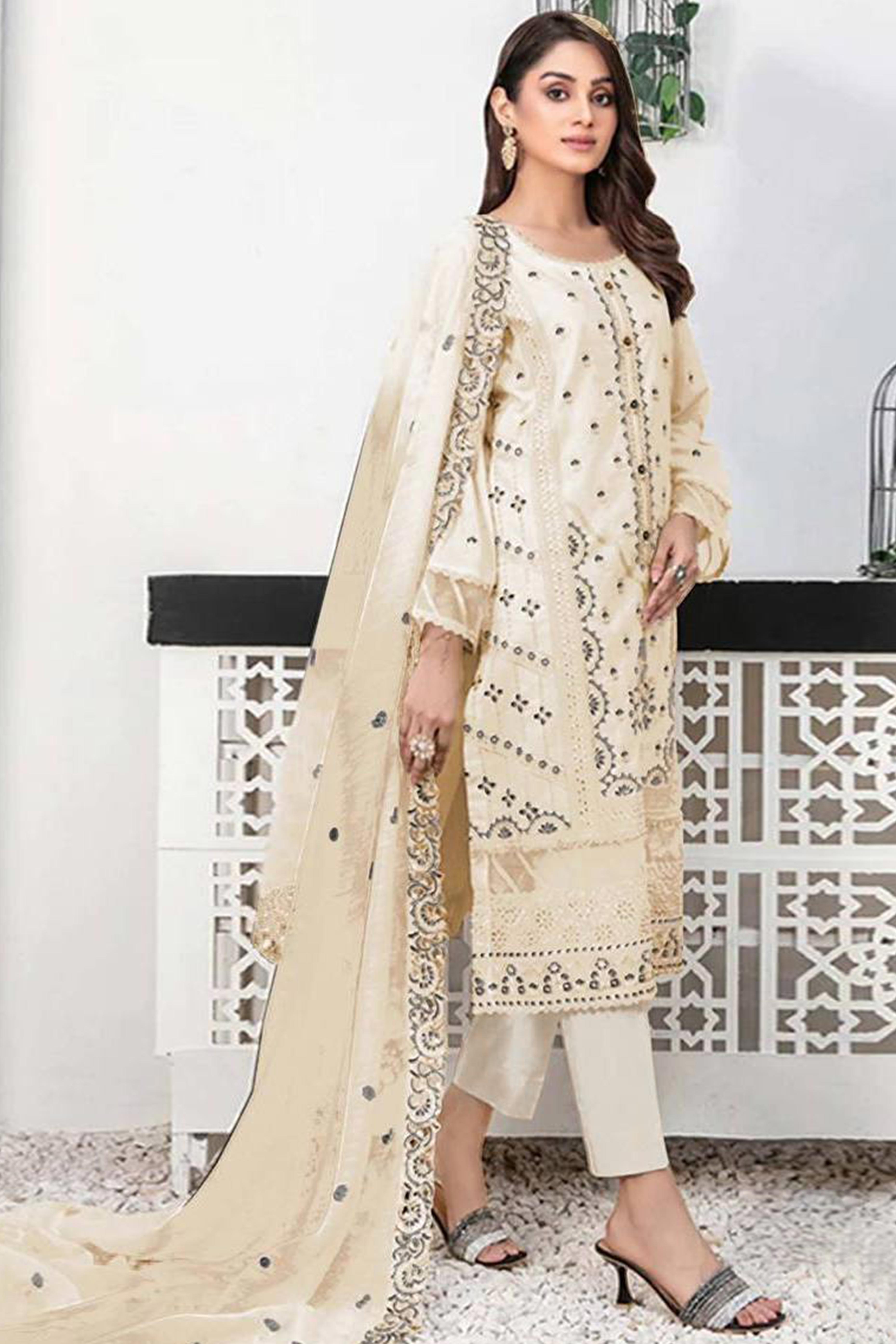 Peachmode Cream Heavy Embroidered Work Georgette Dress Material