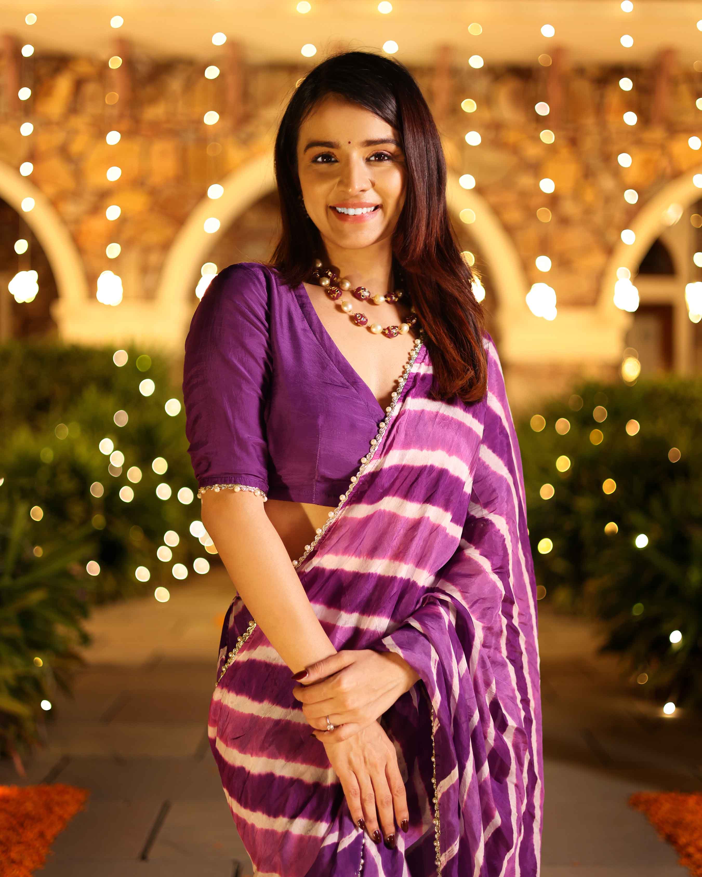 Aachho Kimaya Purple Leheriya Silk Pre Draped Saree - view 10