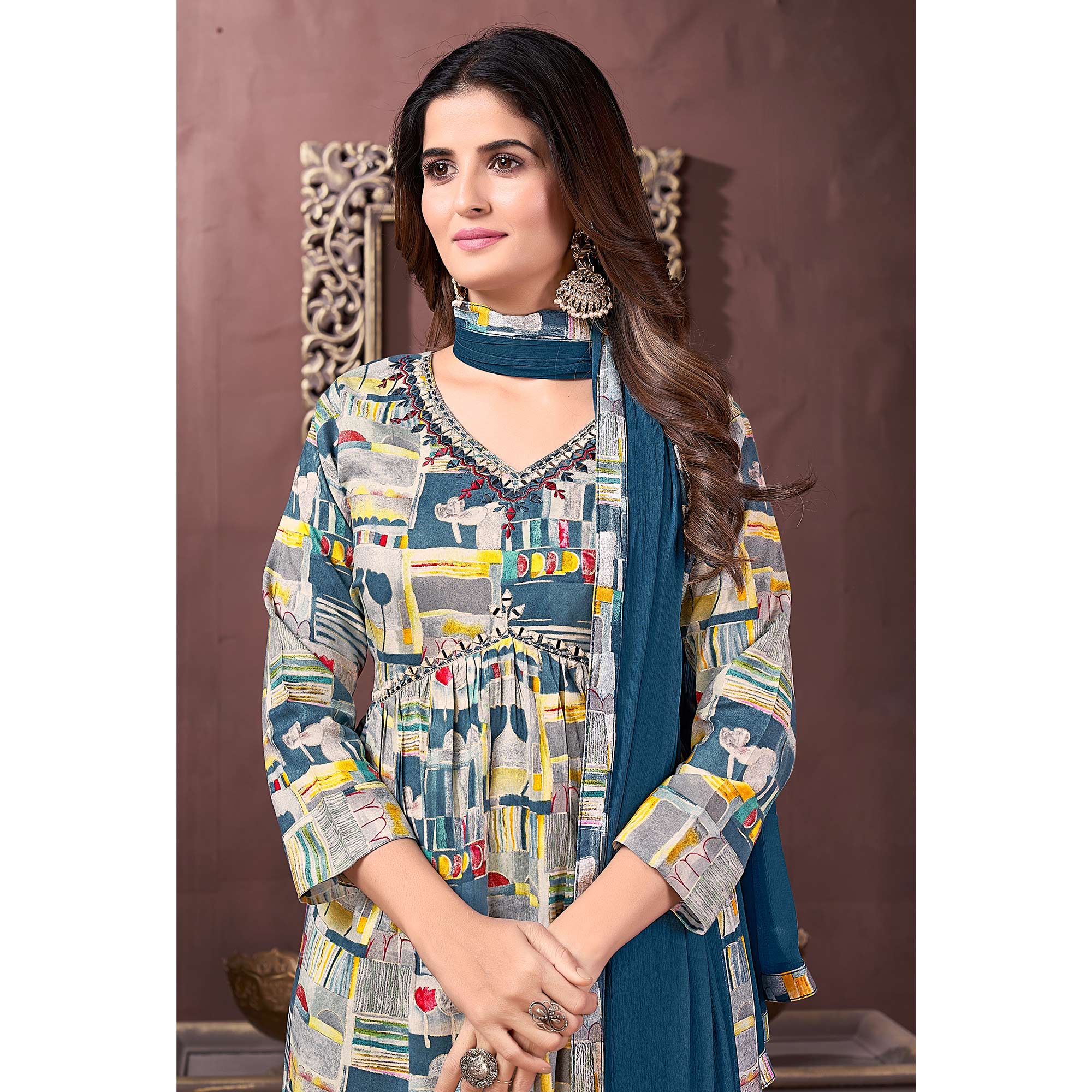 BlackTree grey-teal-floral-printed-rayon-alia-cut-salwar-suit - view 5