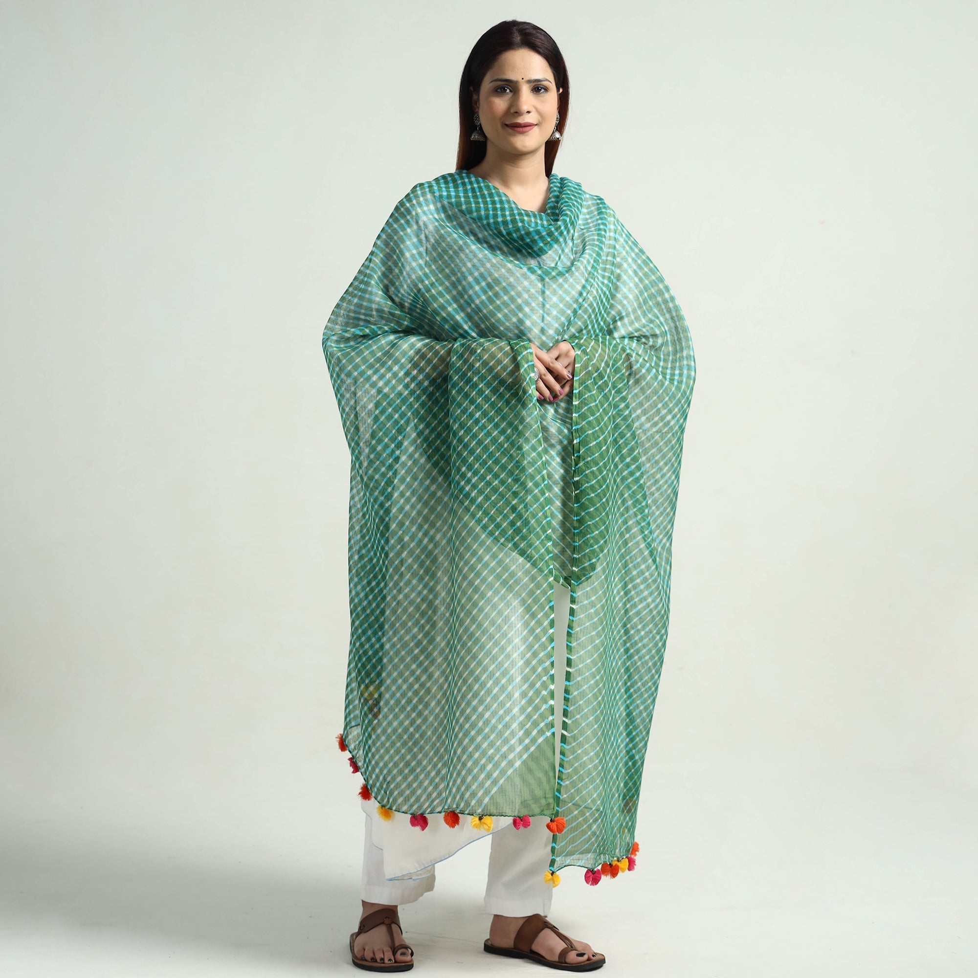 LEHARIYA BY BADSHAH MIYAN Green - Leheriya Tie-Dye Mothra Kota Doria Cotton Dupatta with Tassels 26 - view 2