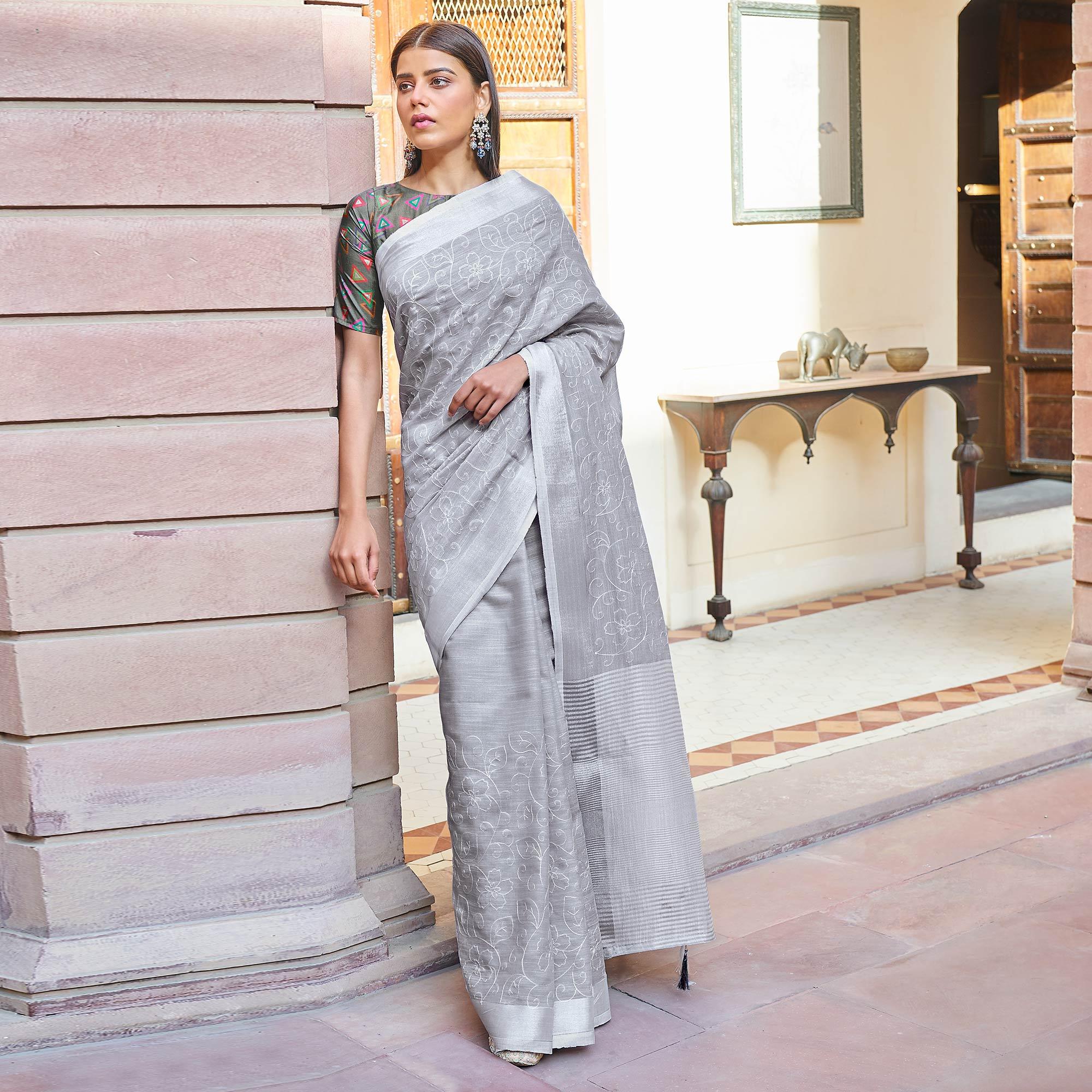 Grey sarees – BlackTree grey-casual-wear-embroidered-linen-saree-118721