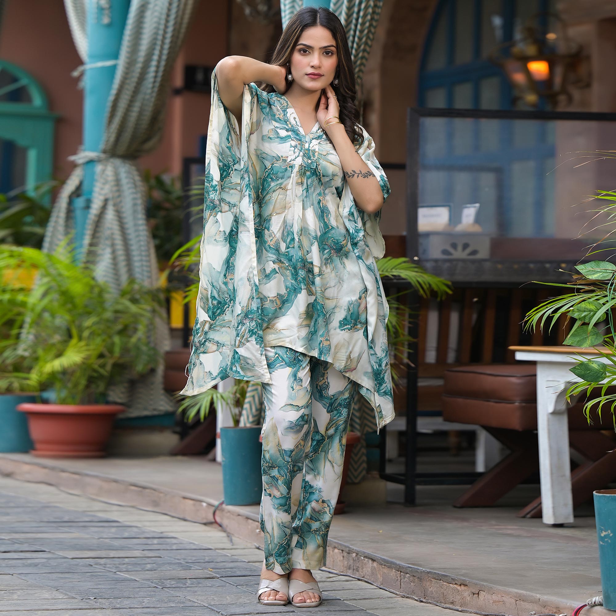 BlackTree green-foil-printed-rayon-kaftan-co-ord-set - view 2
