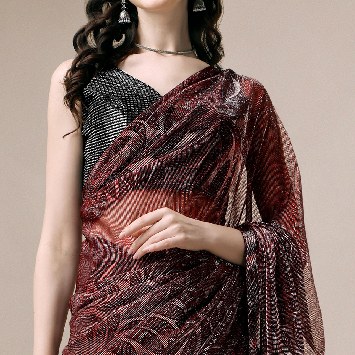 Peachmode Maroon Floral Printed Rayon Saree – Women's - view 3