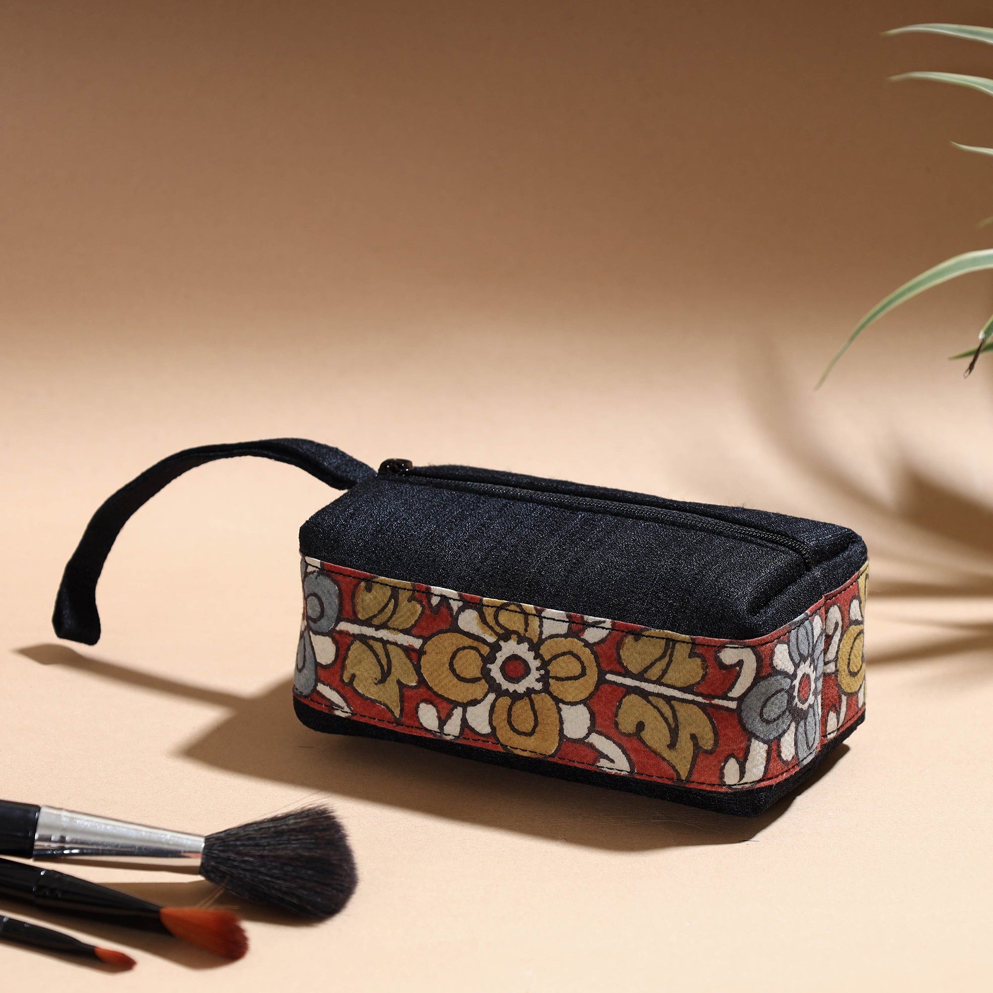 DWARAKA PLUS Black - Handpainted Kalamkari Natural Dyed Ghicha Silk Multipurpose Cosmetic/Toiletry Pouch