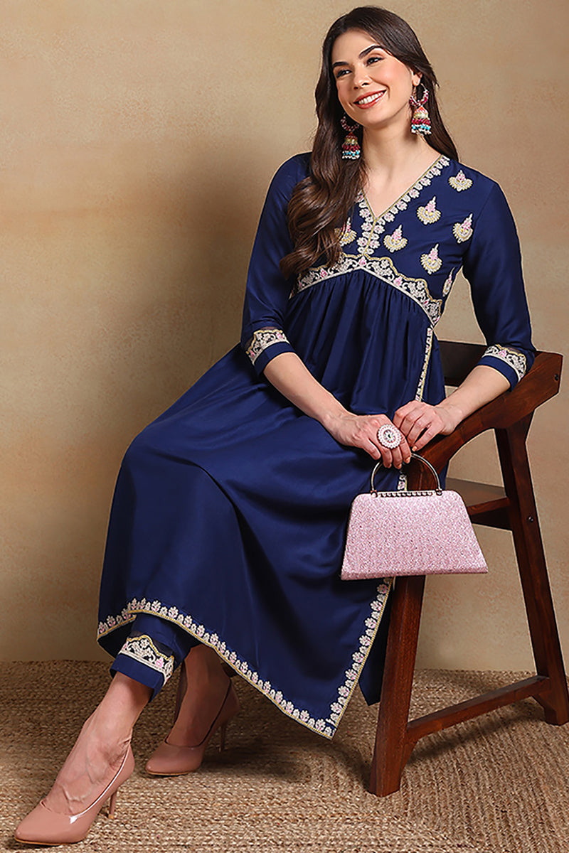 Ahika Plus Size Navy Blue Silk Blend Solid Embroidered Flared Kurta Set VKSET1483