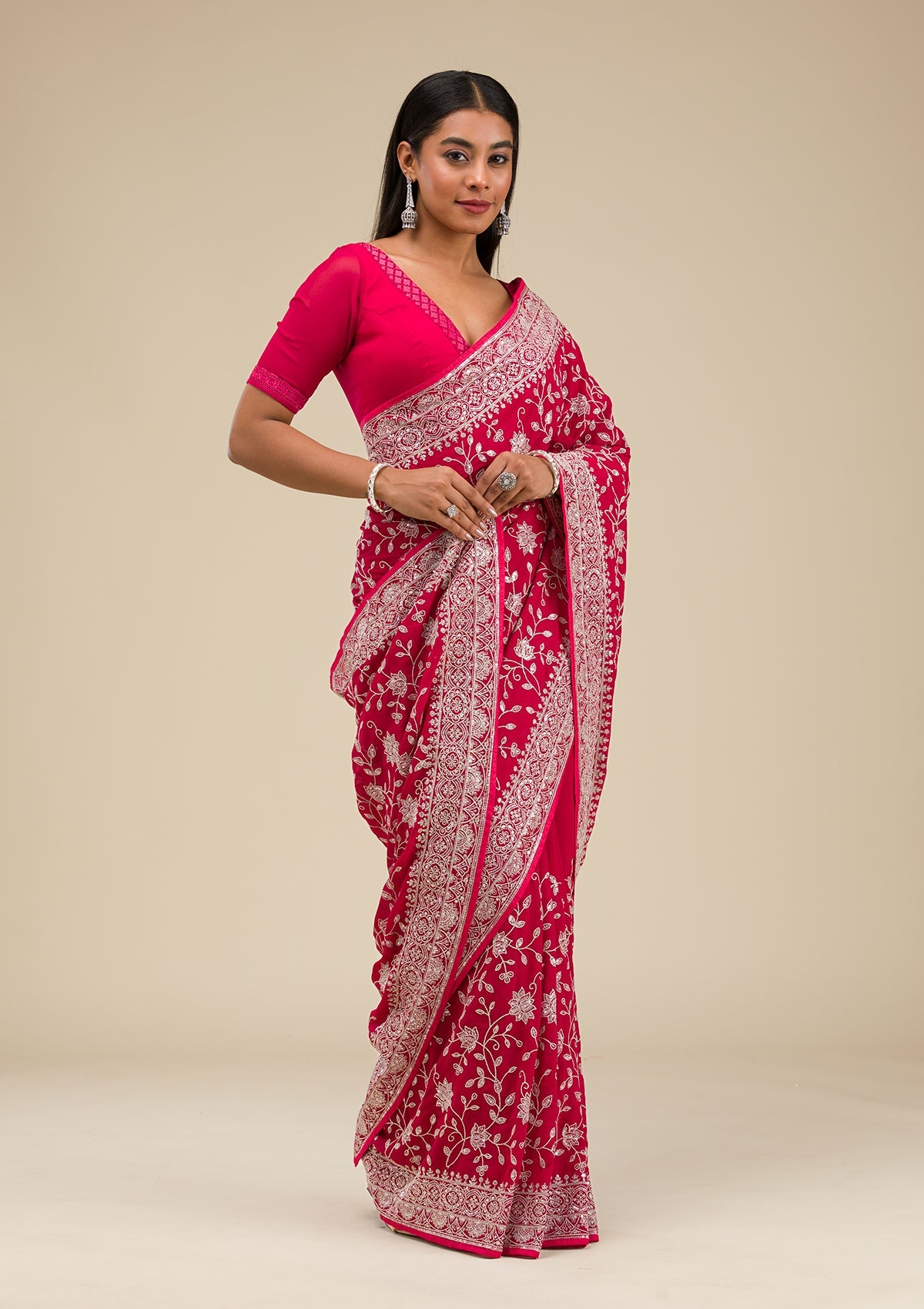 Koskii Maroon Threadwork Georgette Saree – Women's