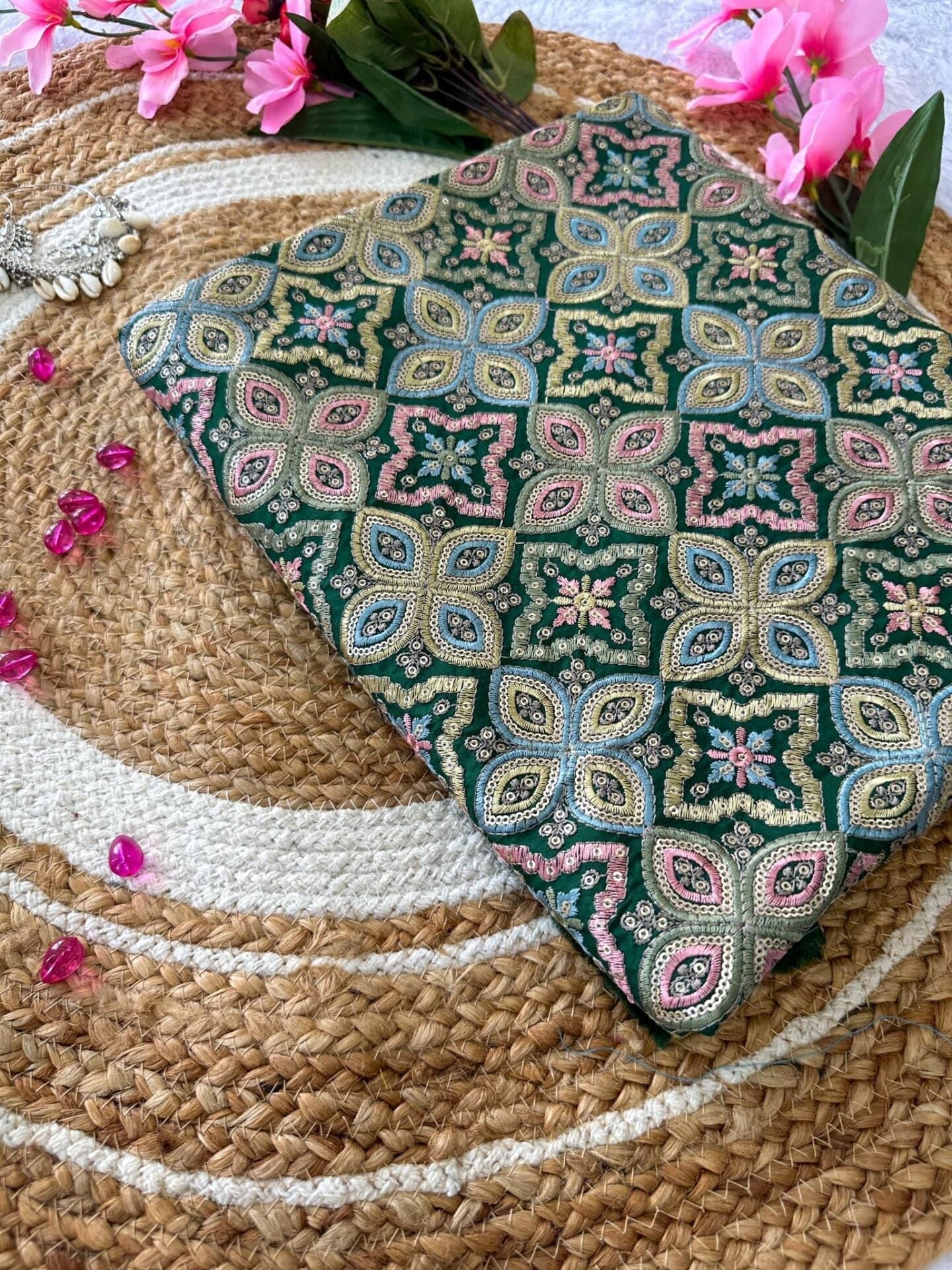 Idaho-o Green embroidered fabric #0005