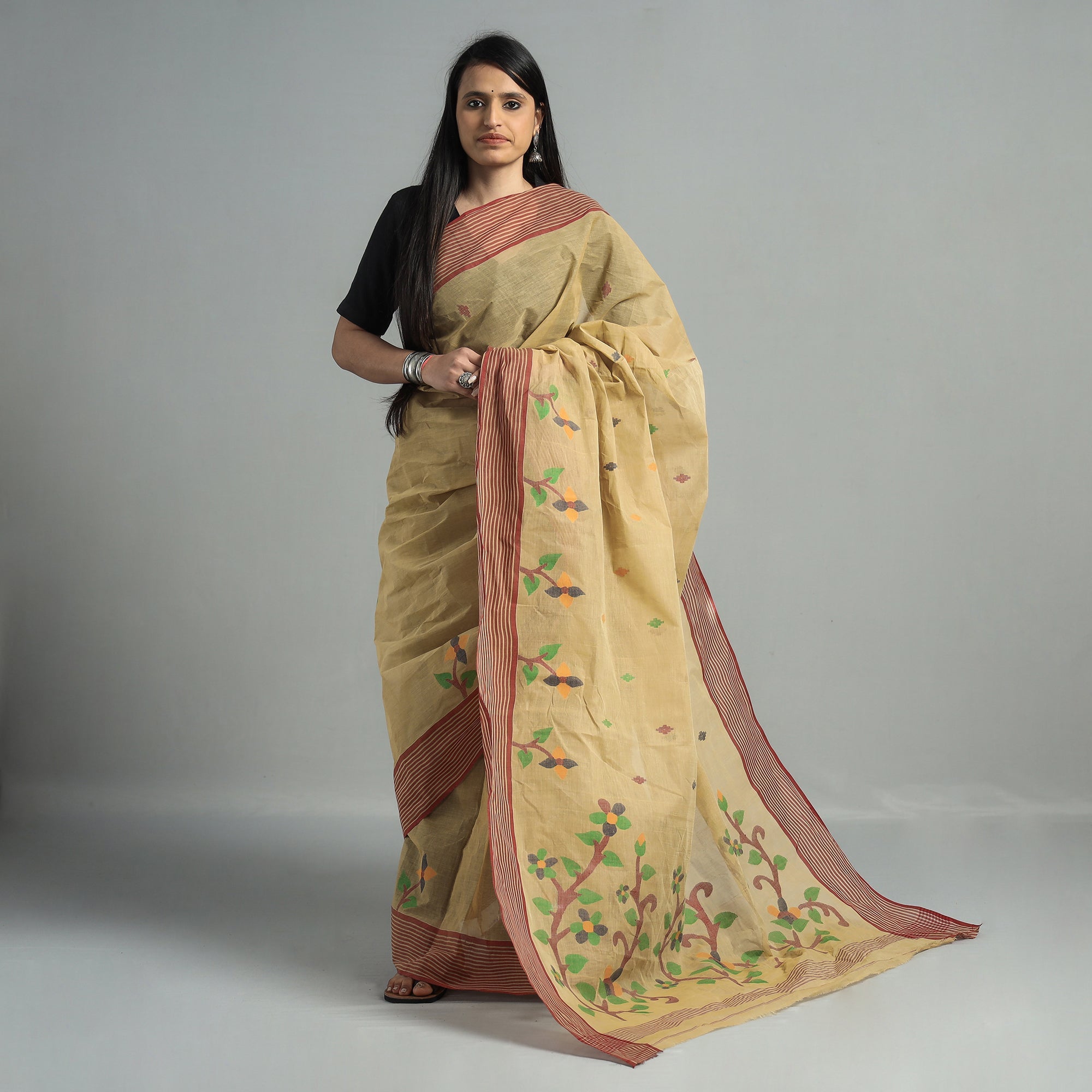 KHUSHBASH - HAPPY LOOM OF EAST Brown - Handloom Burdwan Jamdani Cotton Saree