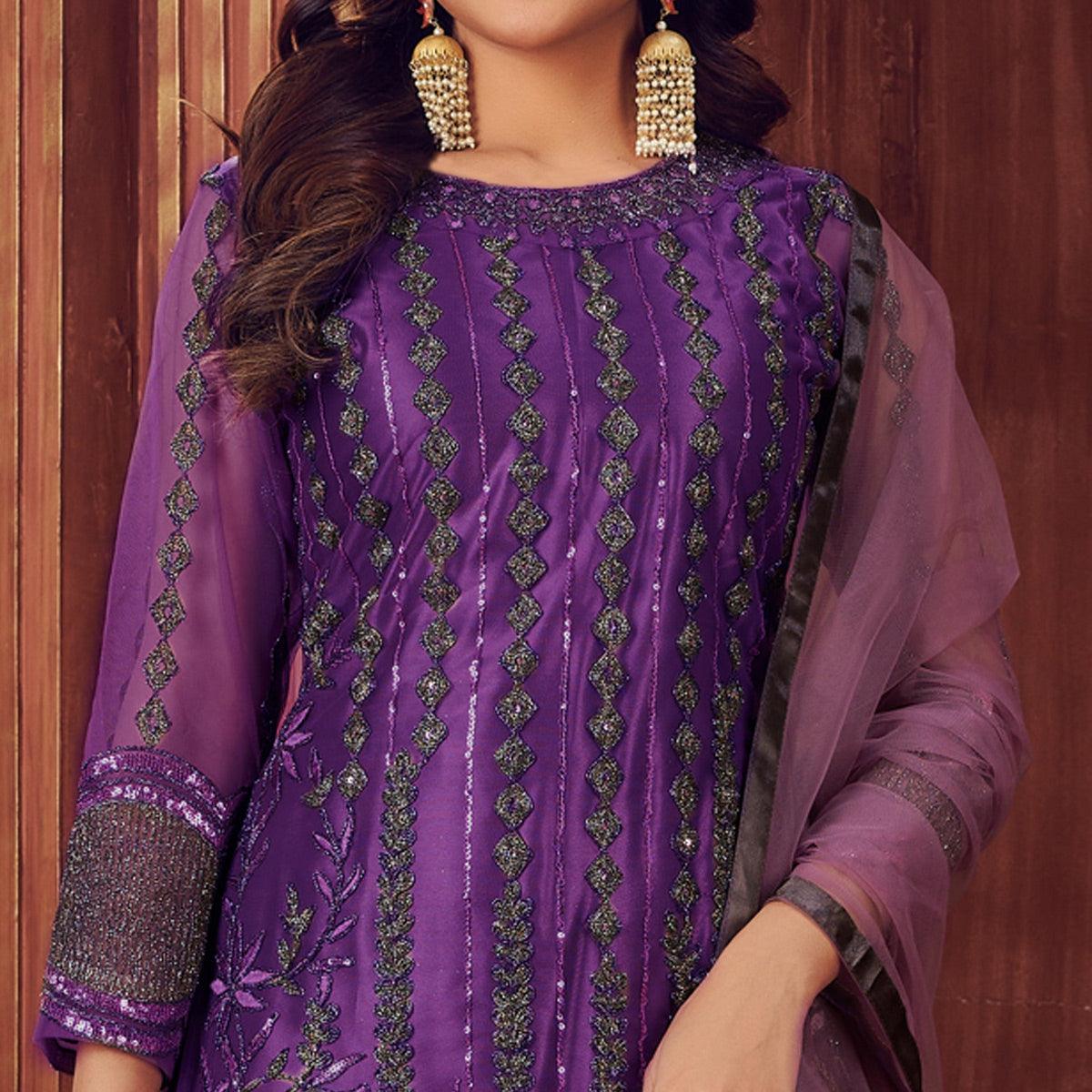 Peachmode Dark Purple Embroidered Netted Suit - view 3