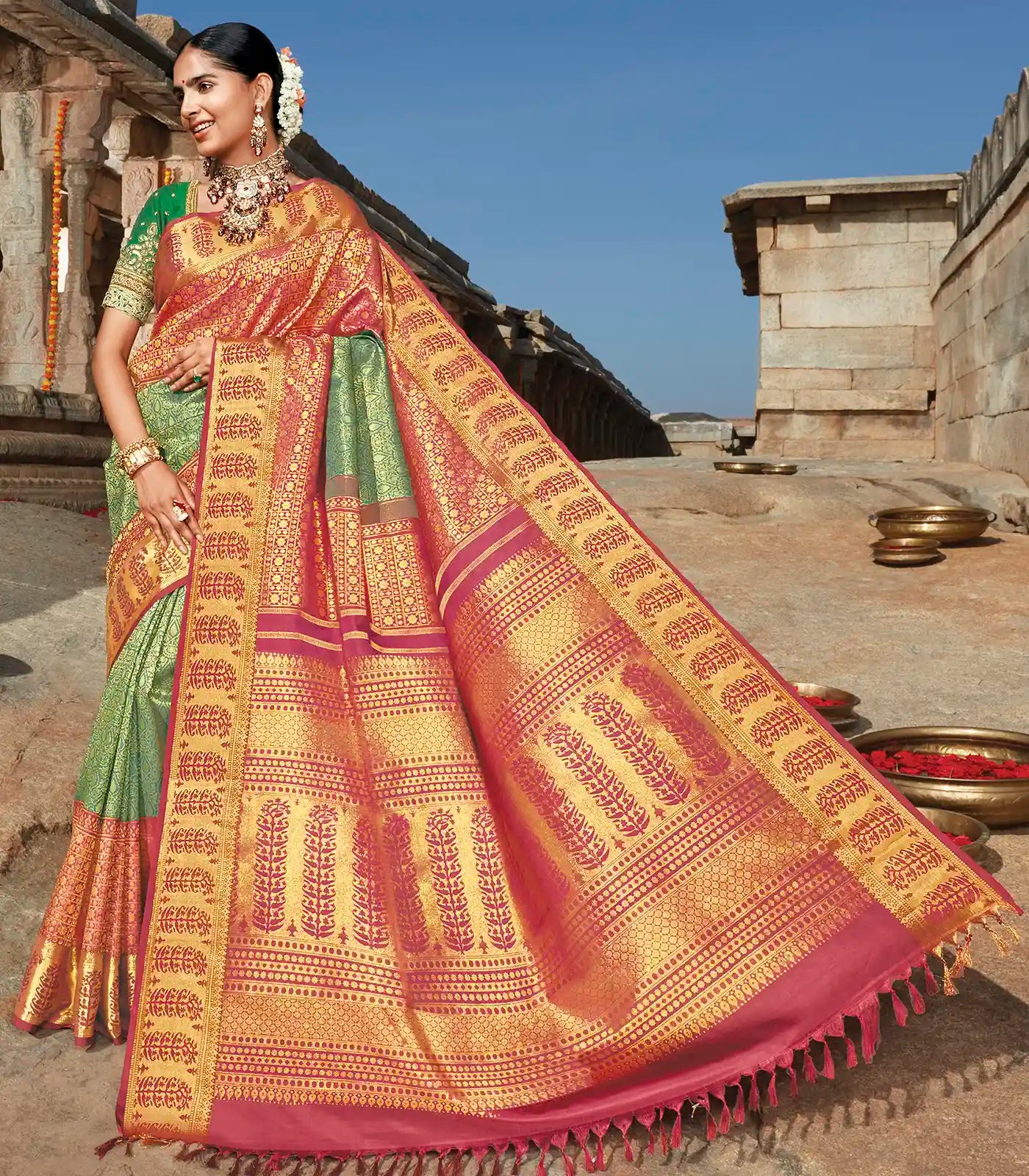 RmKV Green Handloom Natural Dyed Kodali Karuppur Inspired Kanchipuram Revival Silk Saree