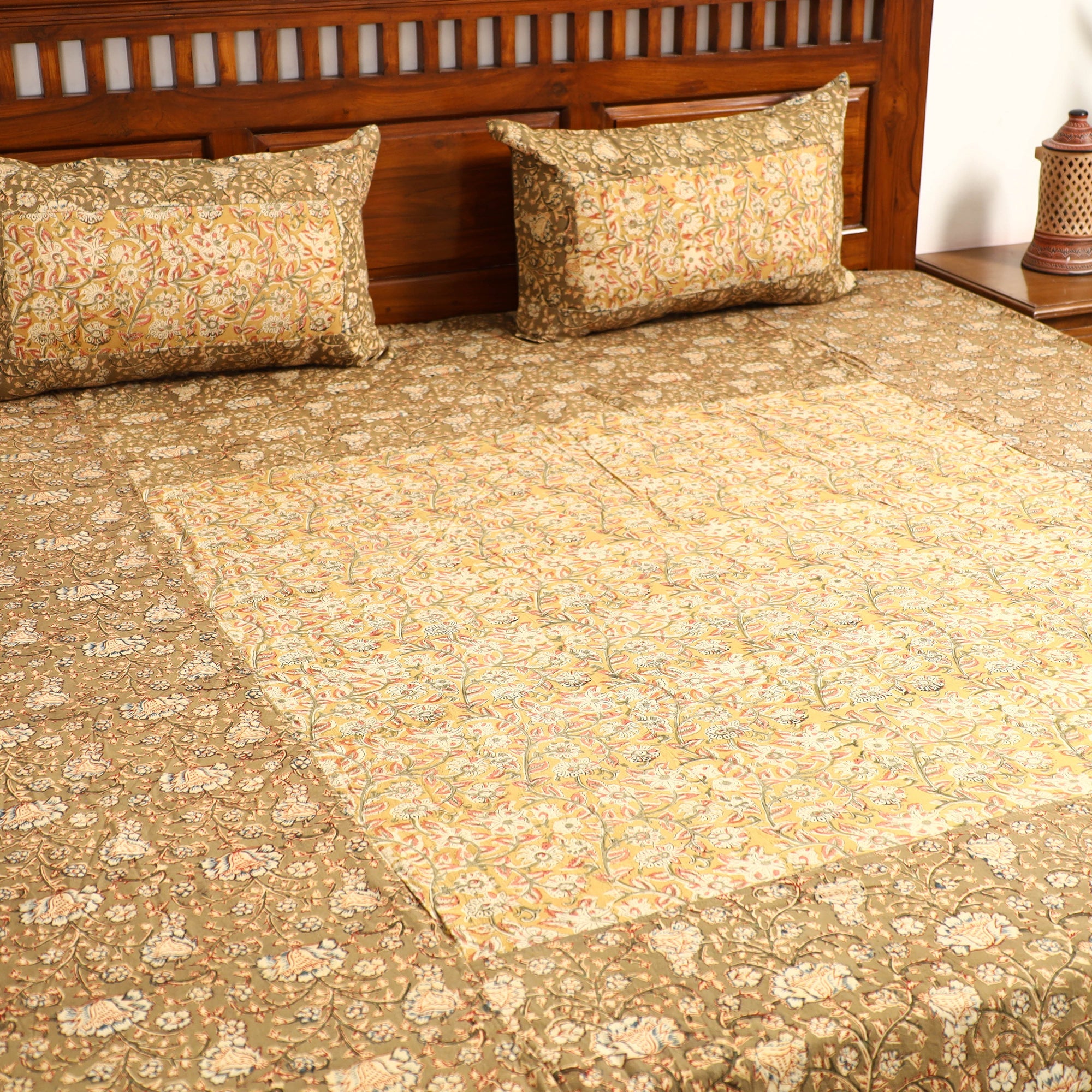 NOORI BAZAR Brown - Kalamkari Block Printed Patchwork Cotton Double Bed Cover With Pillow Covers (108 x 90 in) - view 3